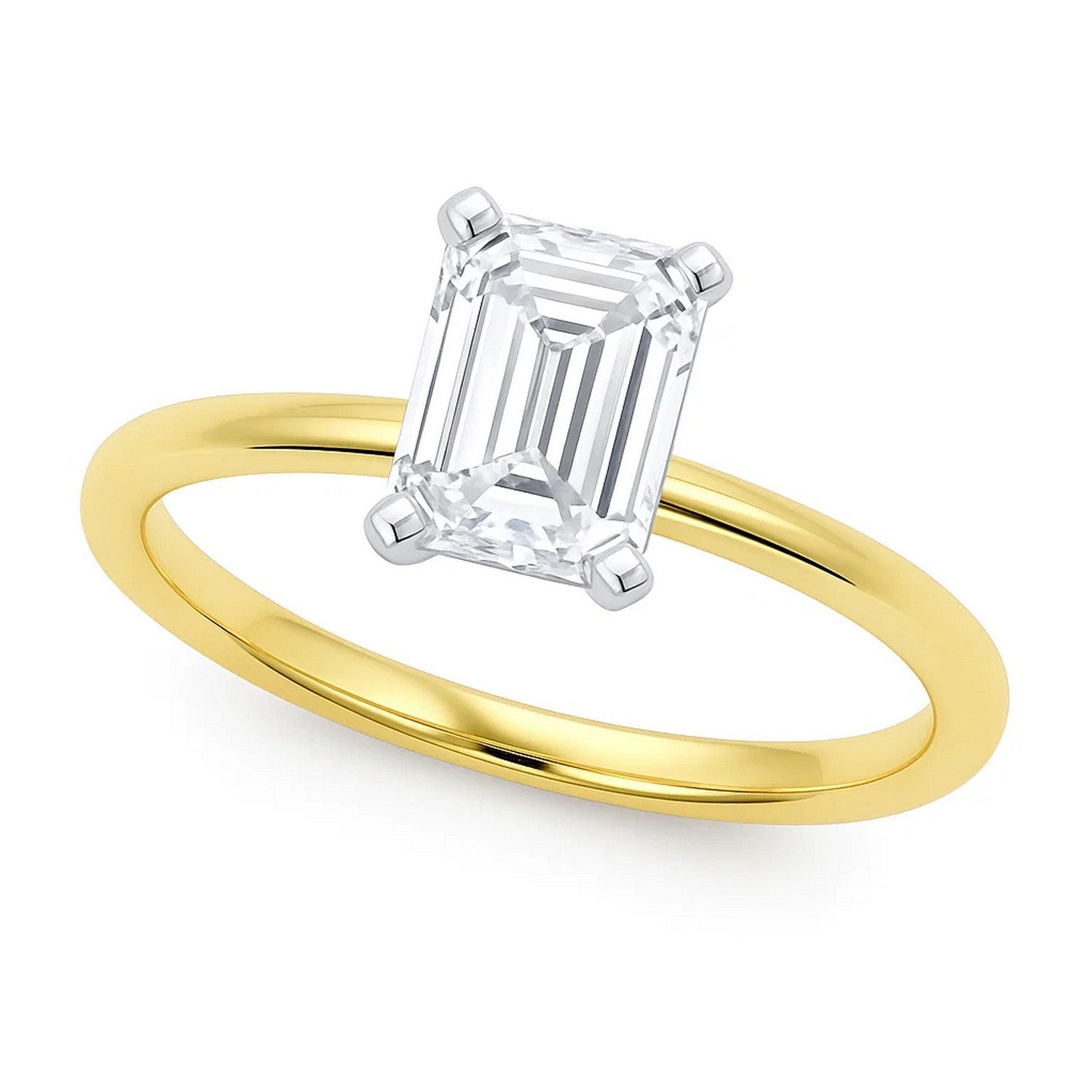 Emerald lab-grown diamond solitaire ring in 10K yellow gold with white gold prongs.