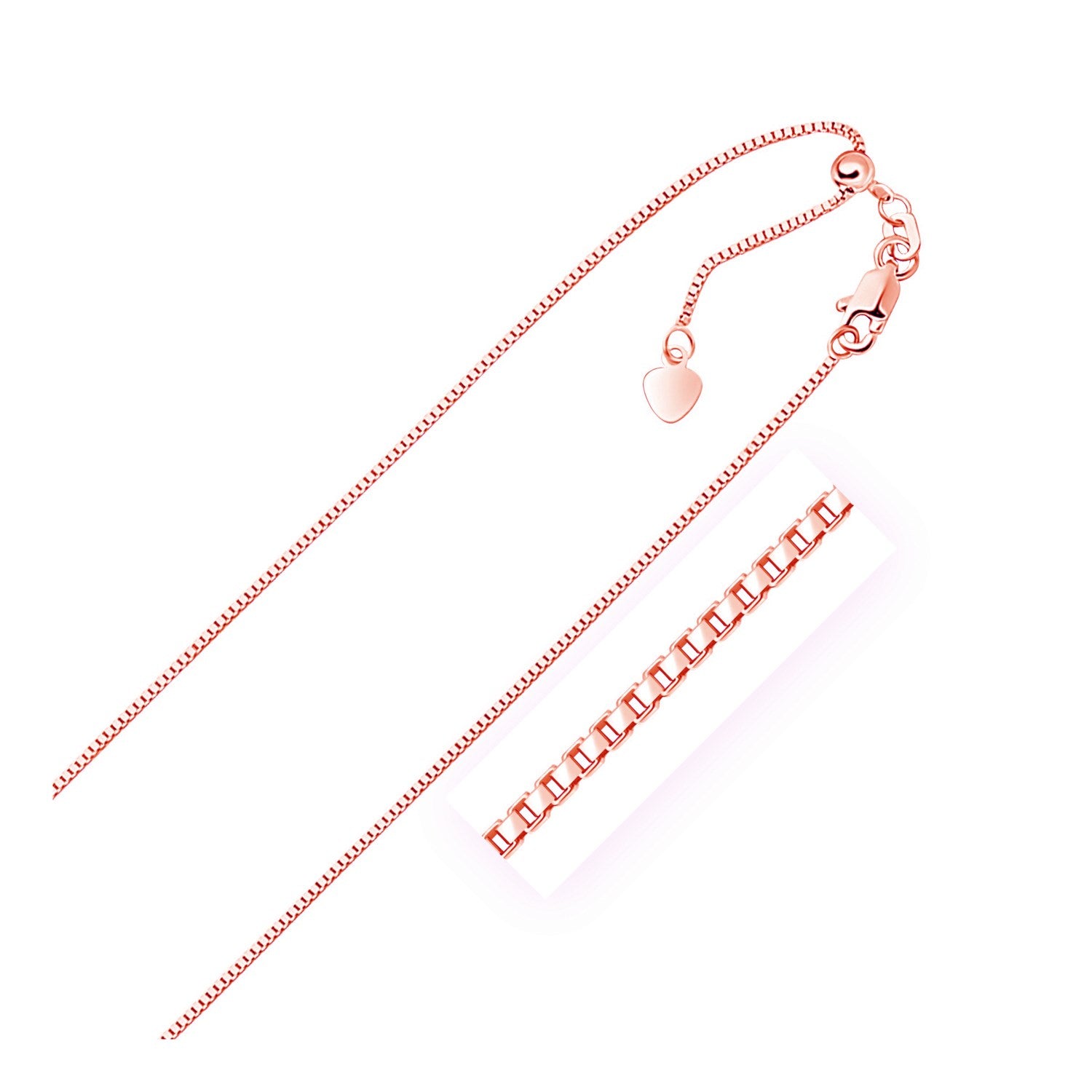 14k rose gold adjustable box chain with a heart dangle and lobster clasp.