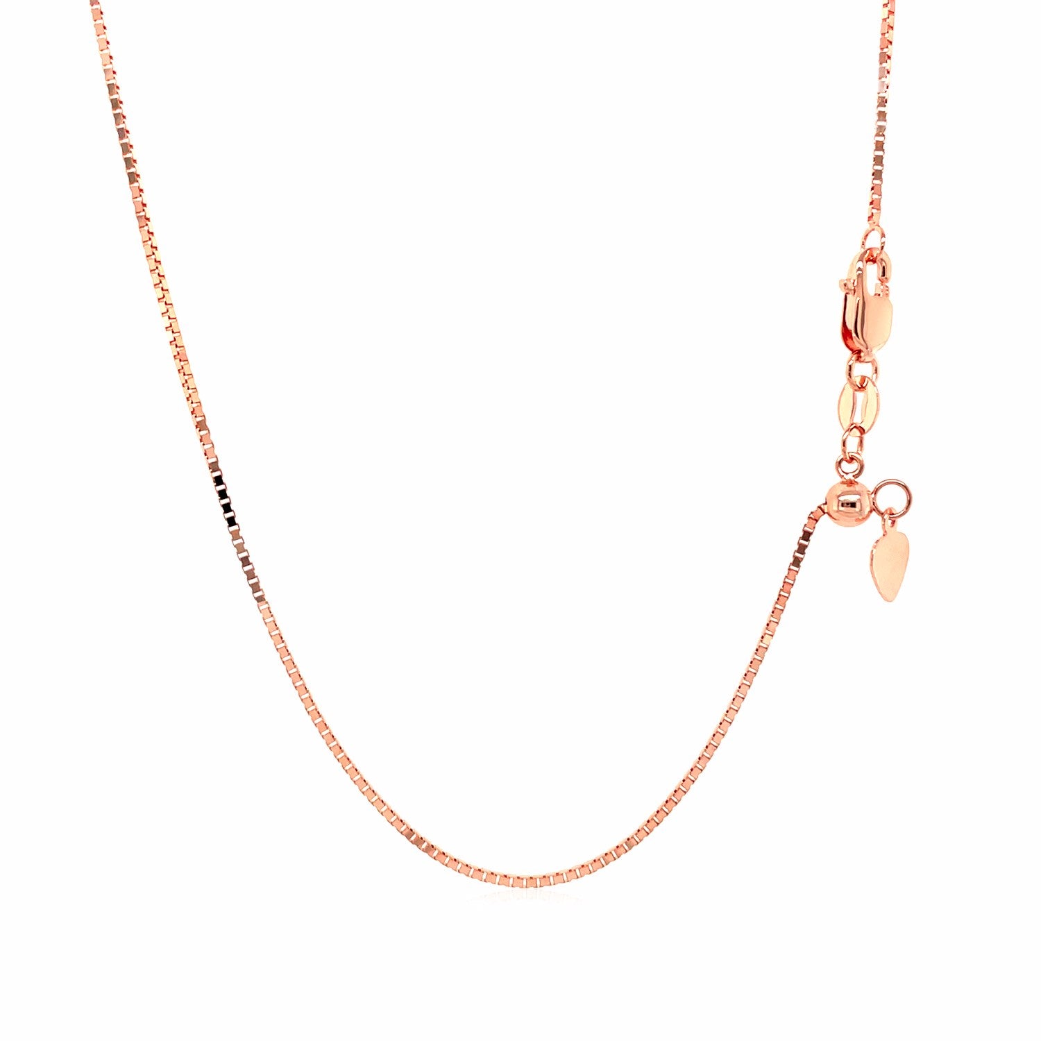 14k rose gold adjustable box chain with a lobster clasp and heart dangle.
