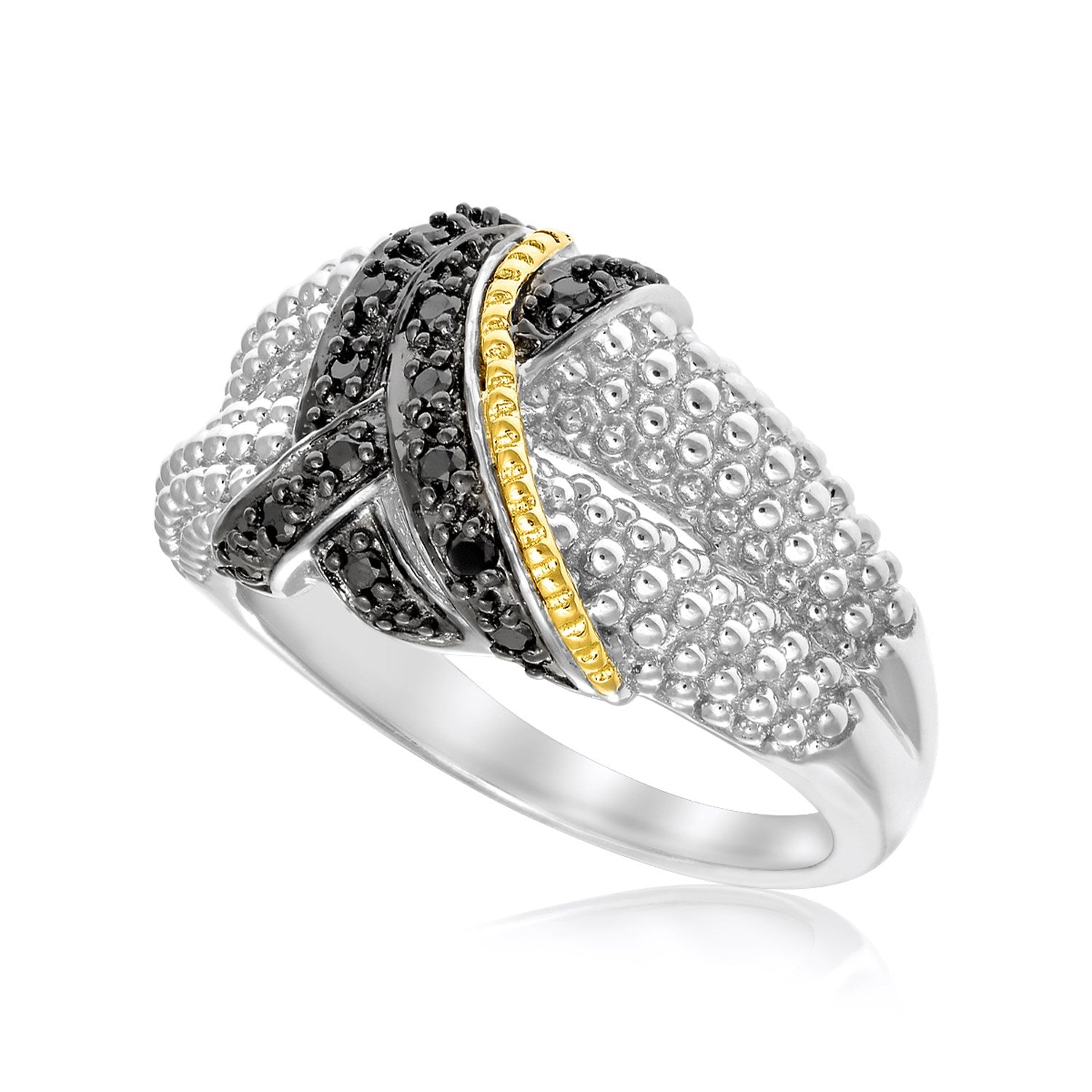 Sterling silver and 18k yellow gold ring with black diamonds and popcorn texture.
