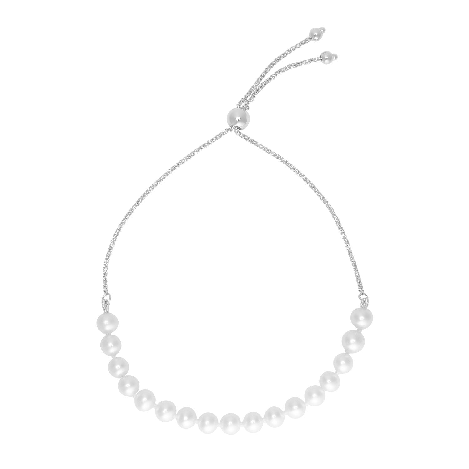 14k white gold adjustable friendship bracelet with 5mm round pearls.