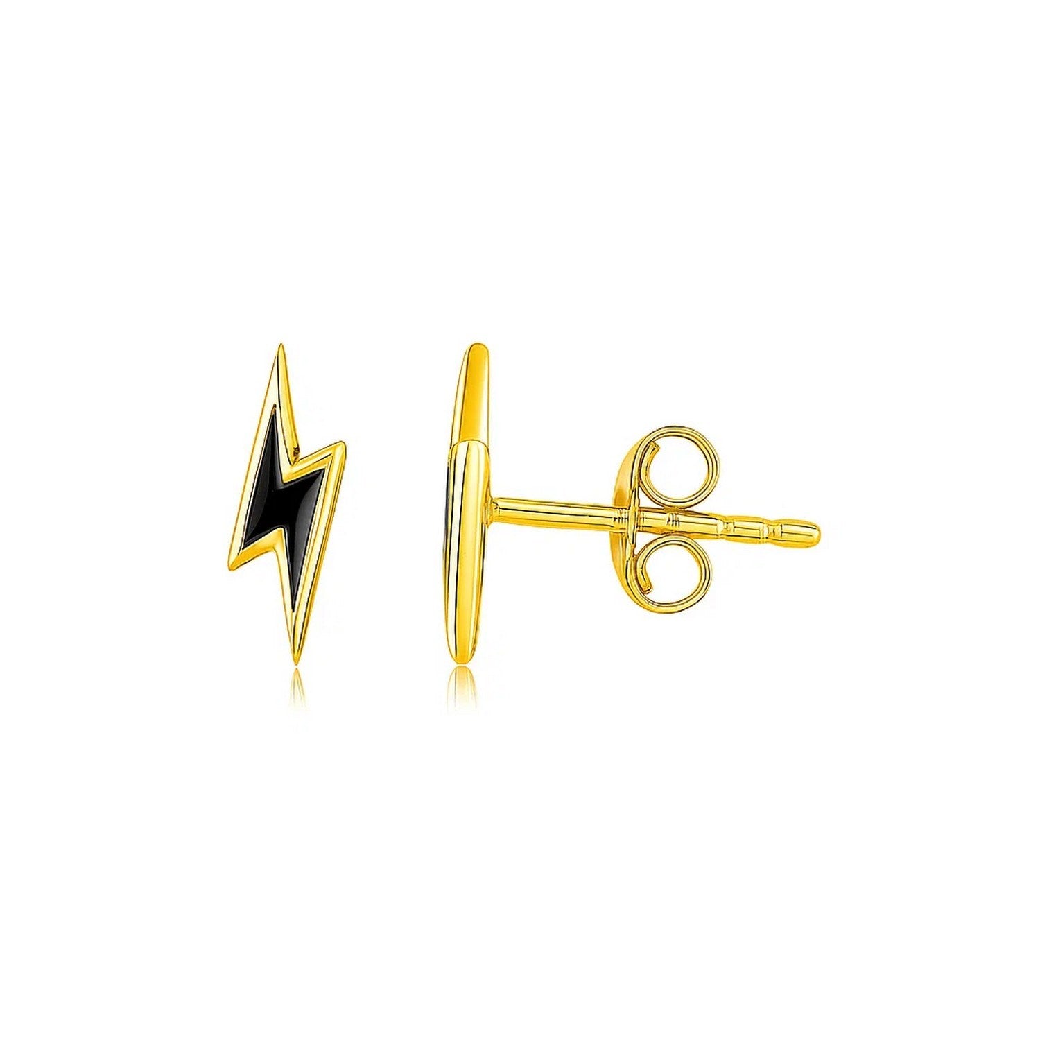 14k yellow gold lightning bolt stud earrings with black enamel details.