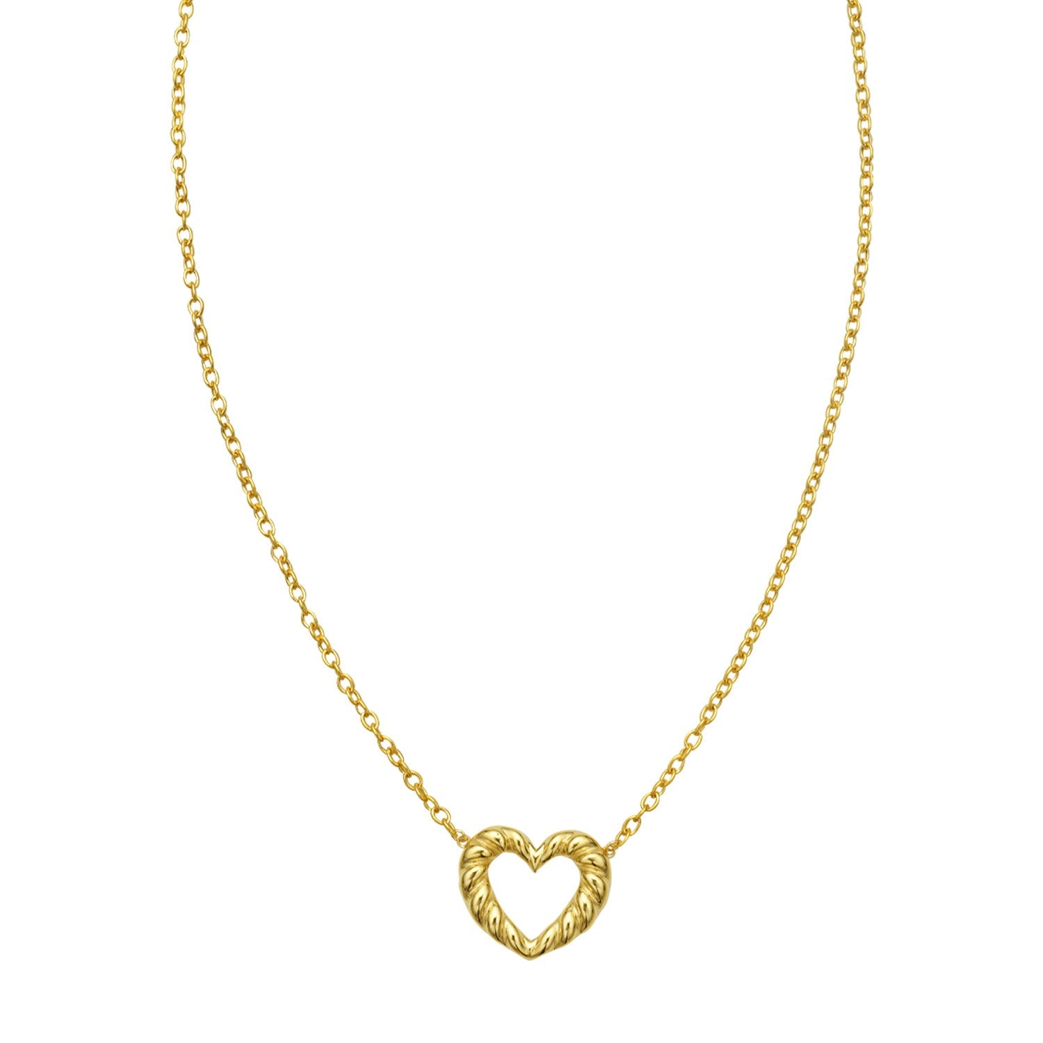 14K yellow gold braided open heart necklace on a cable chain.