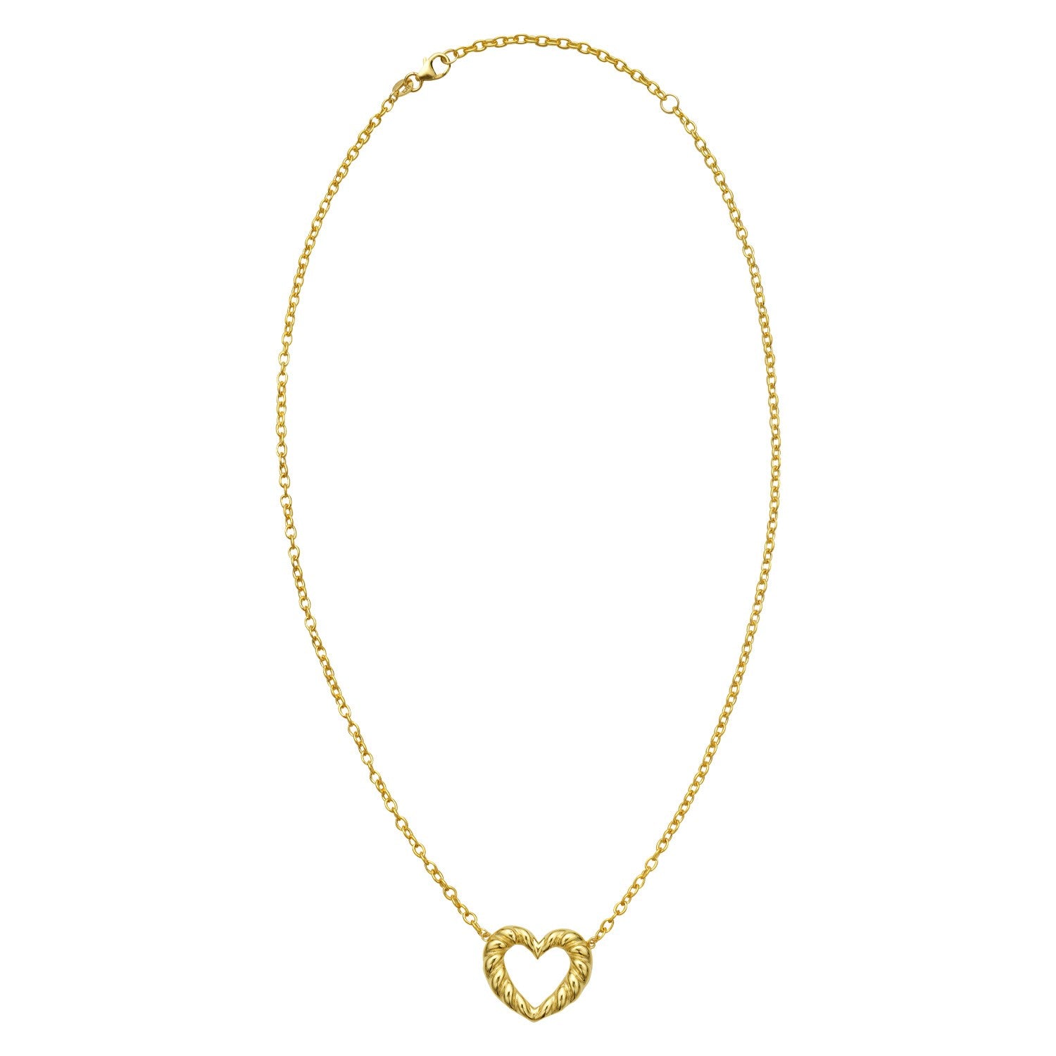 A 14K yellow gold braided open heart necklace with a cable chain.