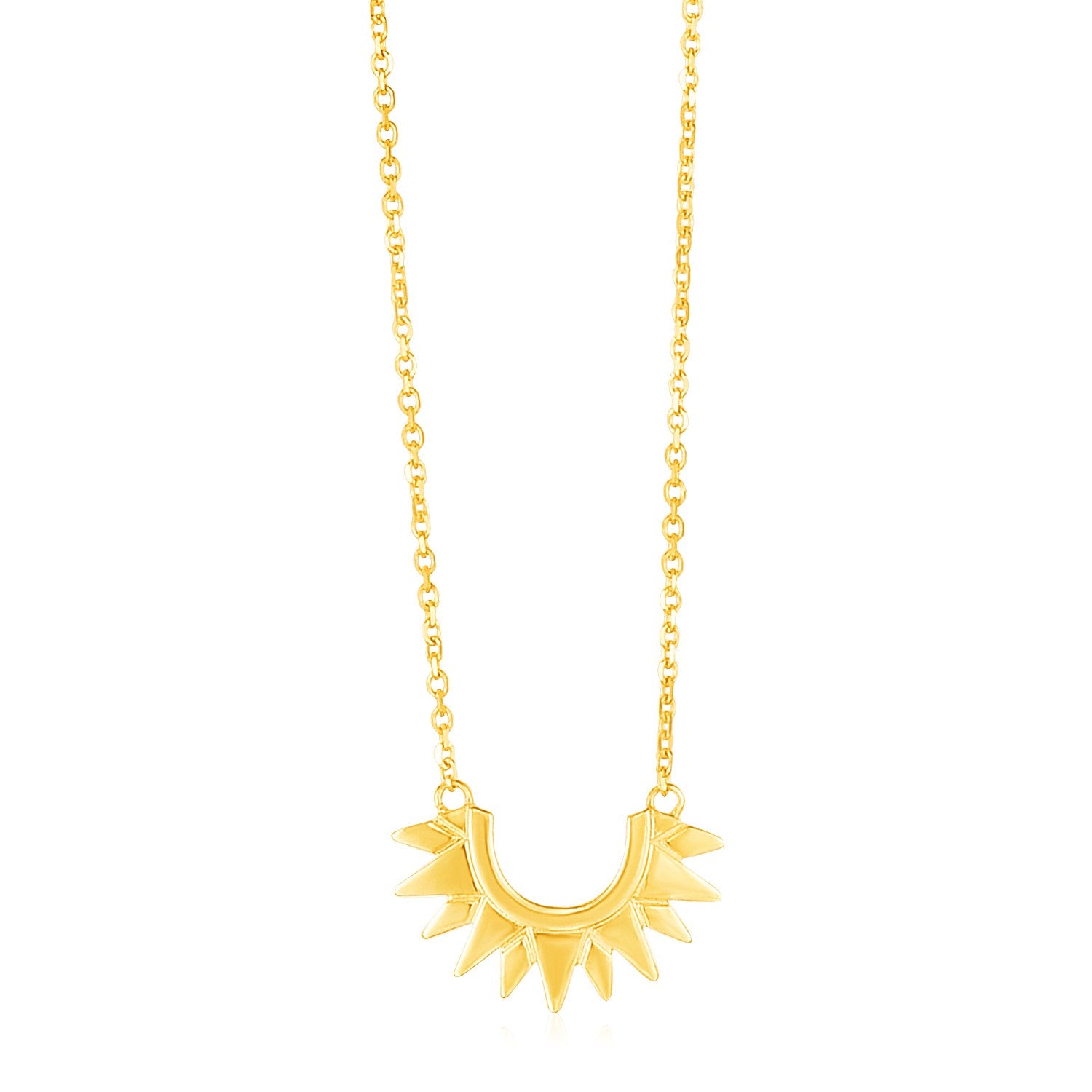 14k yellow gold polished sunburst necklace with a cable chain.
