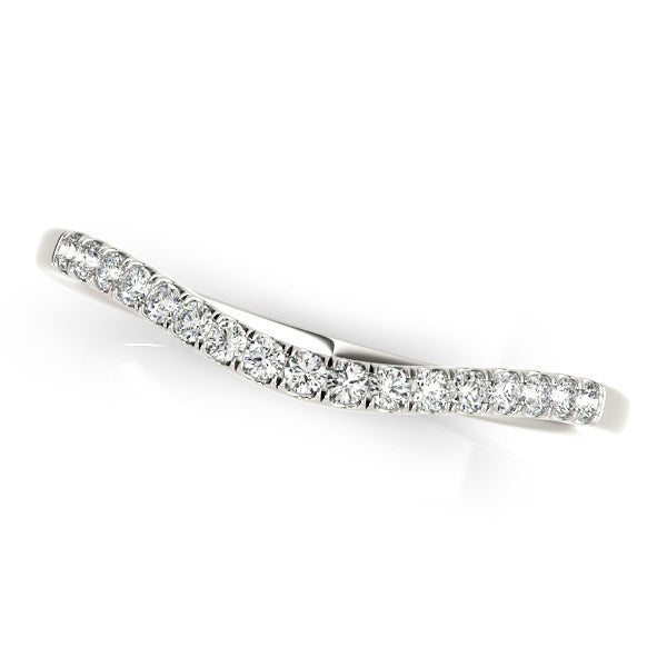 14k white gold soft curved diamond wedding band with prong-set round diamonds.