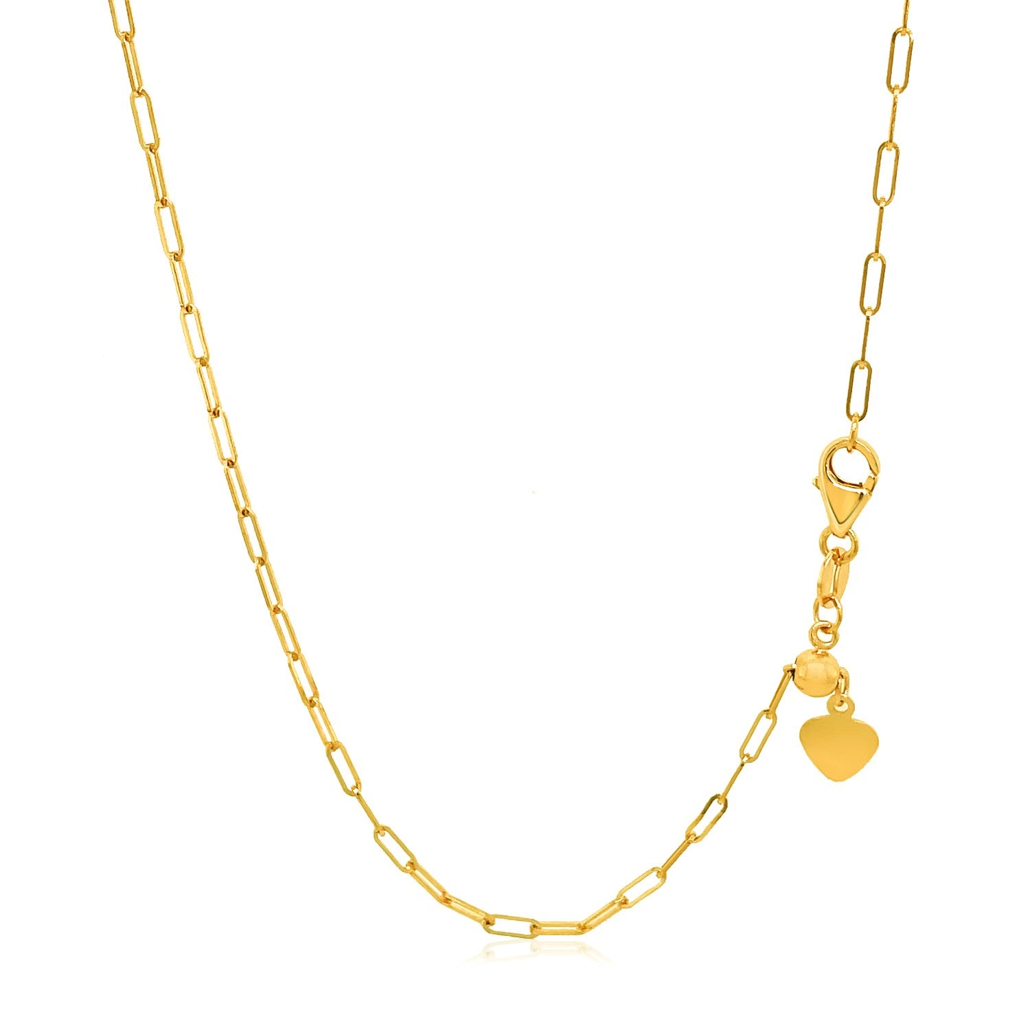 14k yellow gold adjustable paperclip chain with a heart dangle accent.