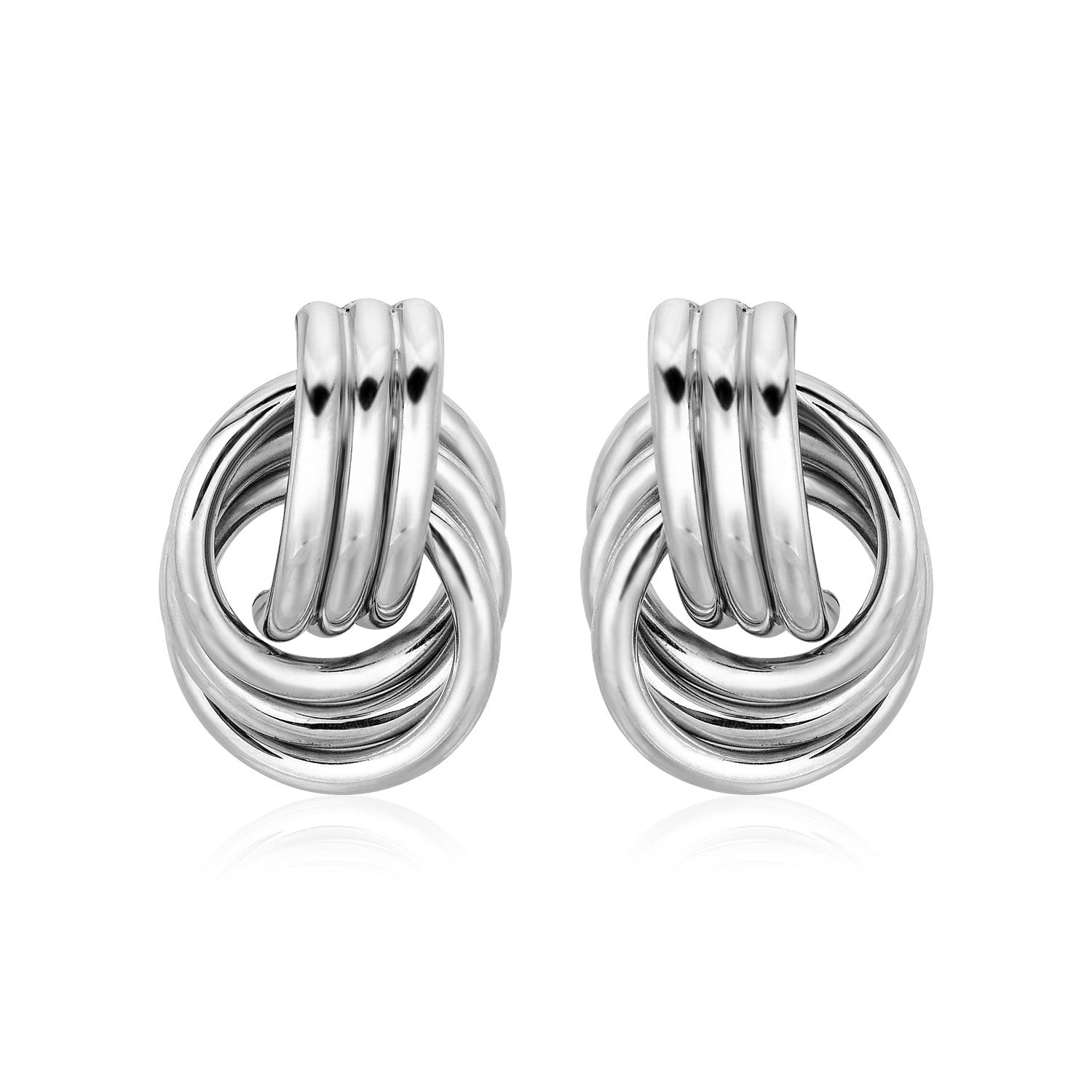 Polished sterling silver love knot earrings with interlocking rings and push backs.