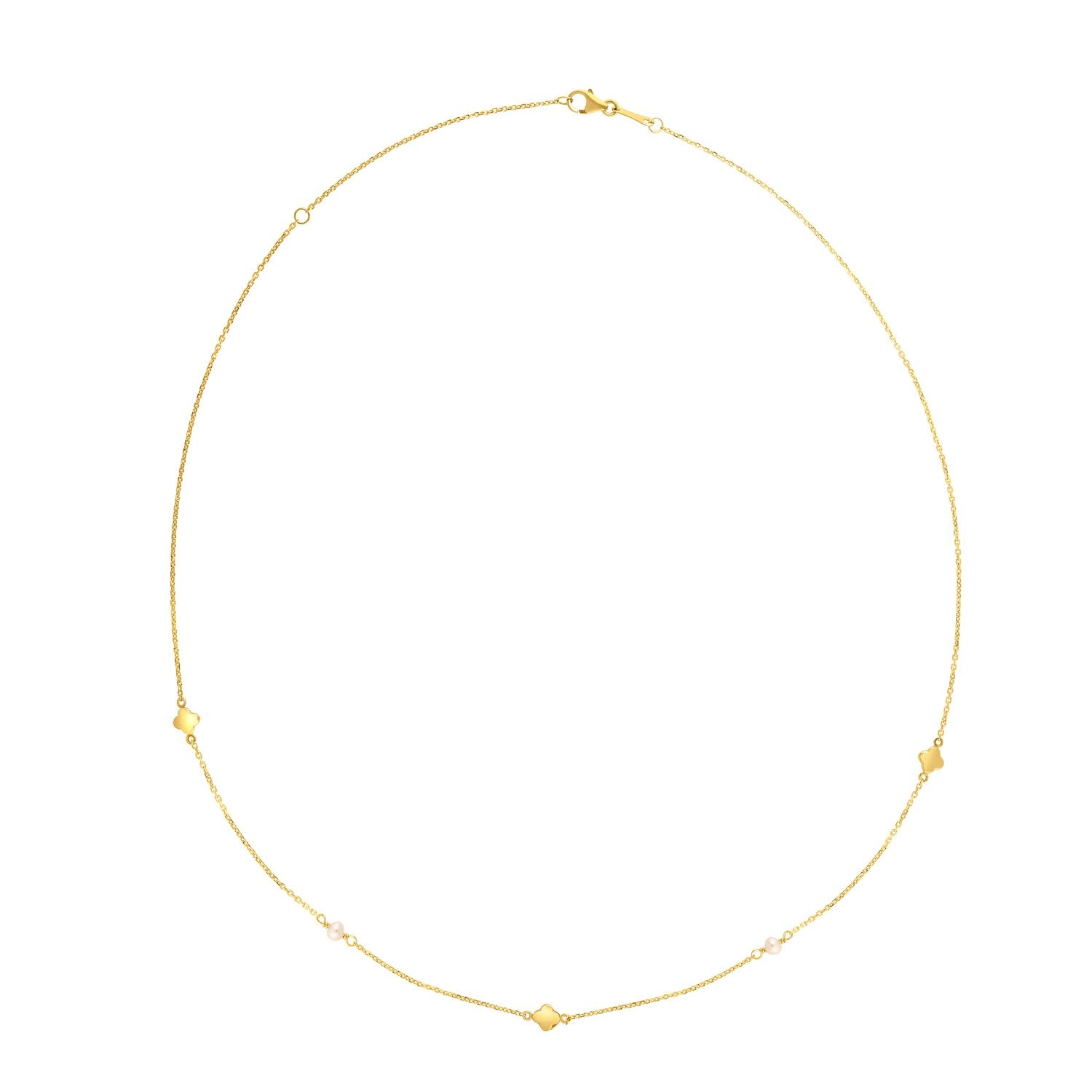 14k yellow gold necklace with clover-shaped stations and small pearls.