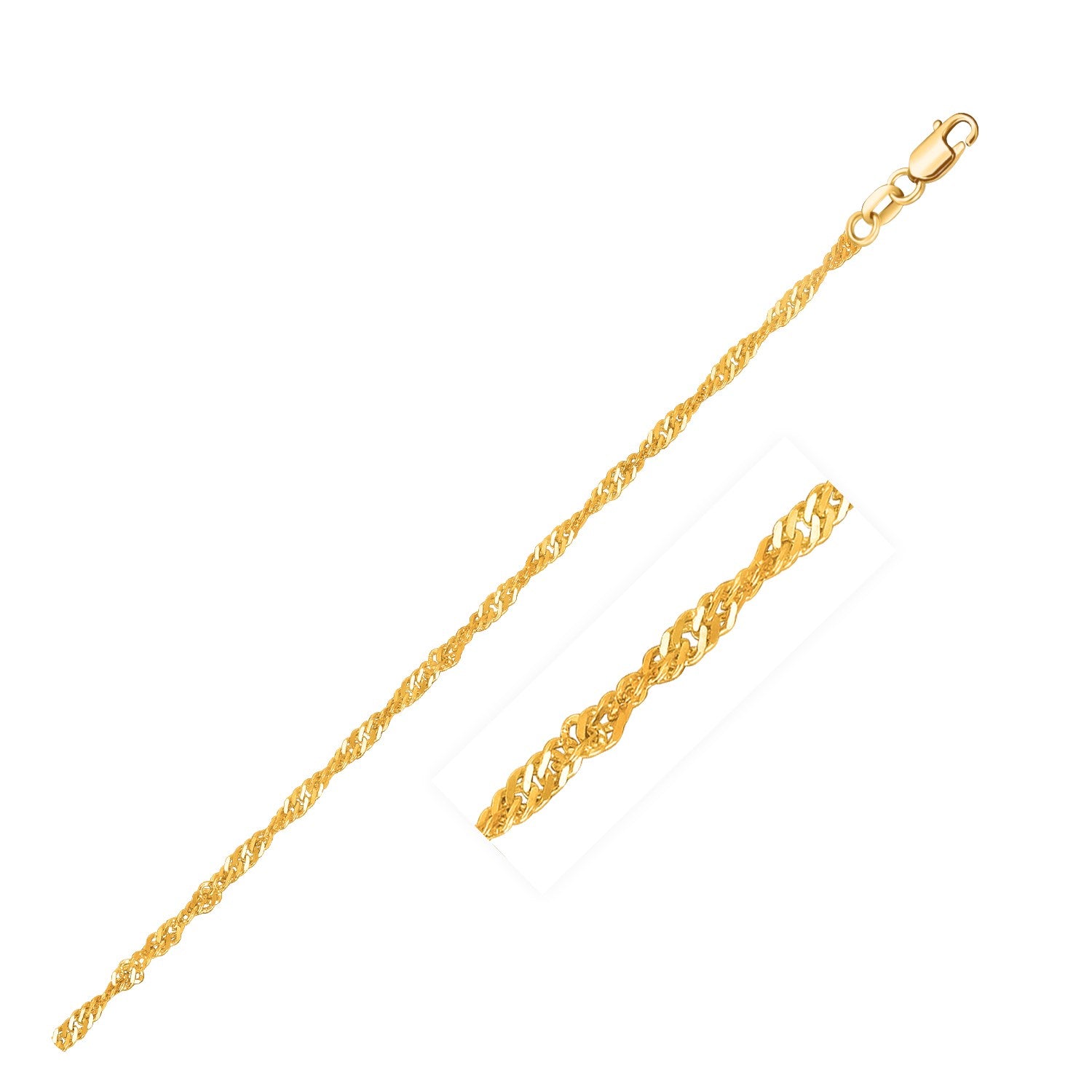 14k yellow gold Singapore chain with a lobster clasp.