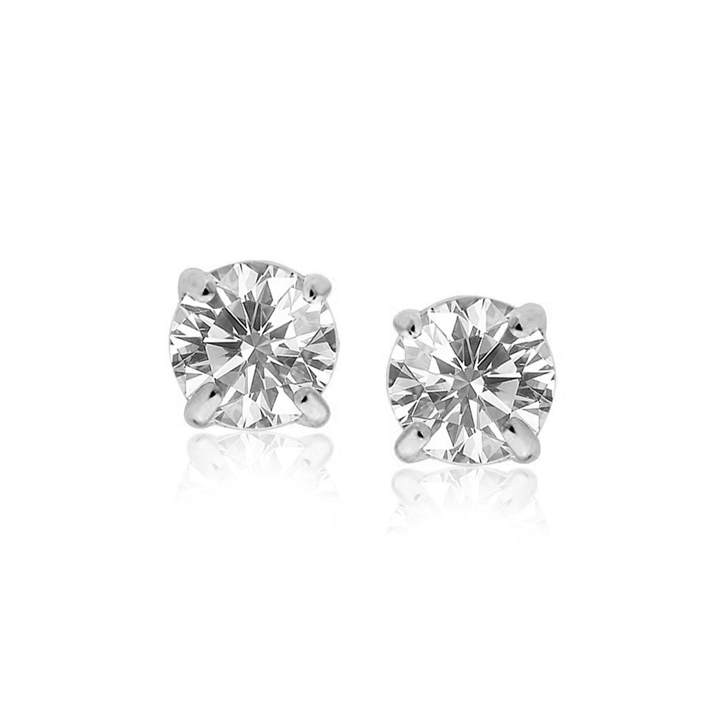 Sterling silver round CZ stud earrings with four-prong settings and push-back closures.