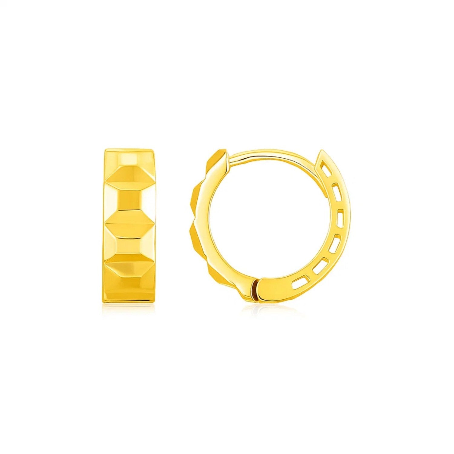 A pair of 14K yellow gold J hoop earrings with a faceted surface.