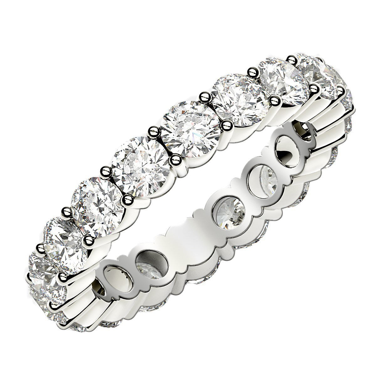 A white gold eternity ring with round, brilliant-cut lab-grown diamonds in a prong setting.