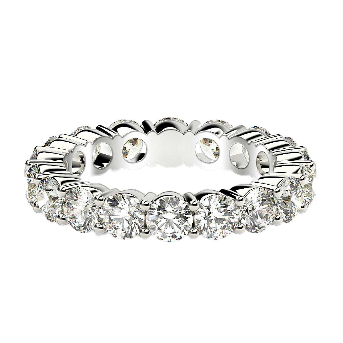 Round cut lab grown diamond eternity ring in 14k white gold.