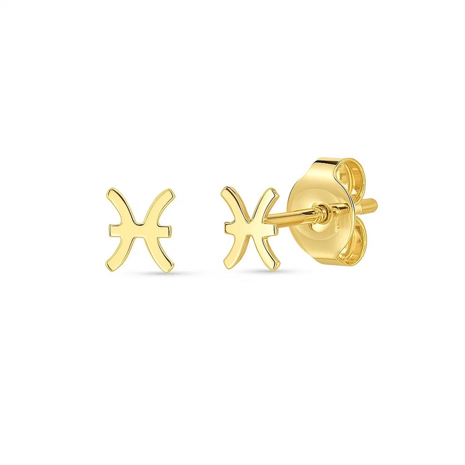 A pair of 14K yellow gold Pisces stud earrings with push backs.