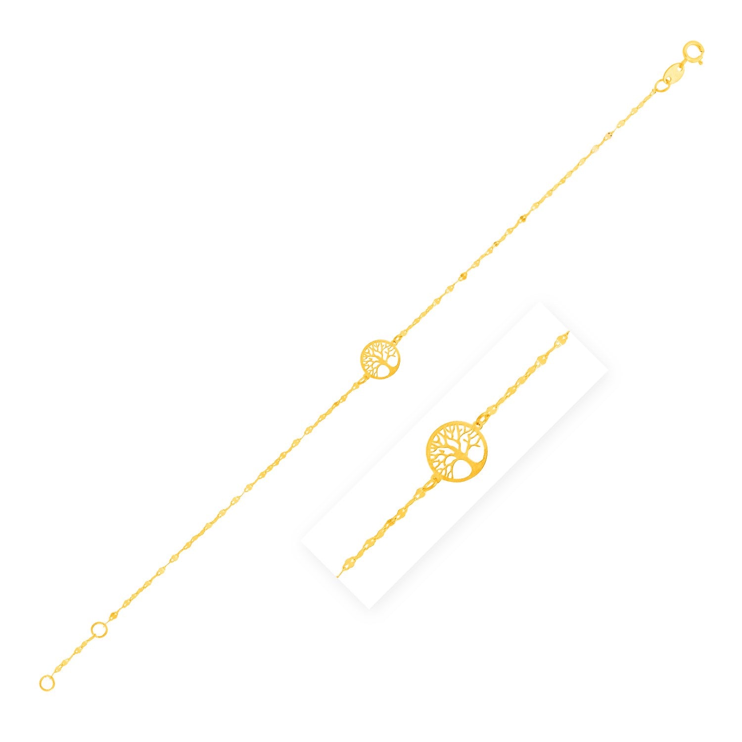 14K yellow gold bracelet with a tree of life charm and a spring ring clasp.