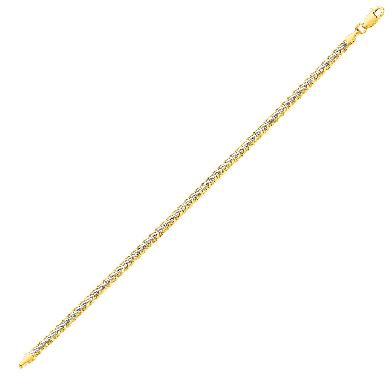 Two-toned wheat chain bracelet in 10k yellow and white gold with a lobster clasp.