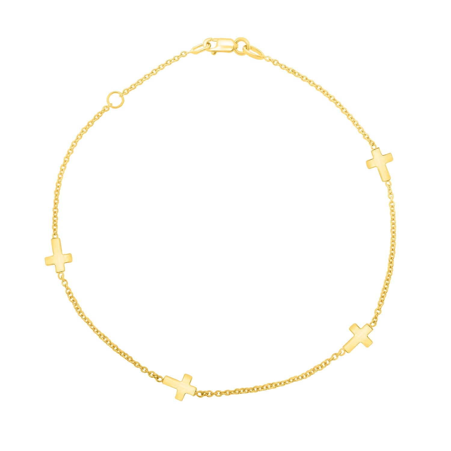 10k yellow gold anklet with four polished cross stations and a lobster clasp.