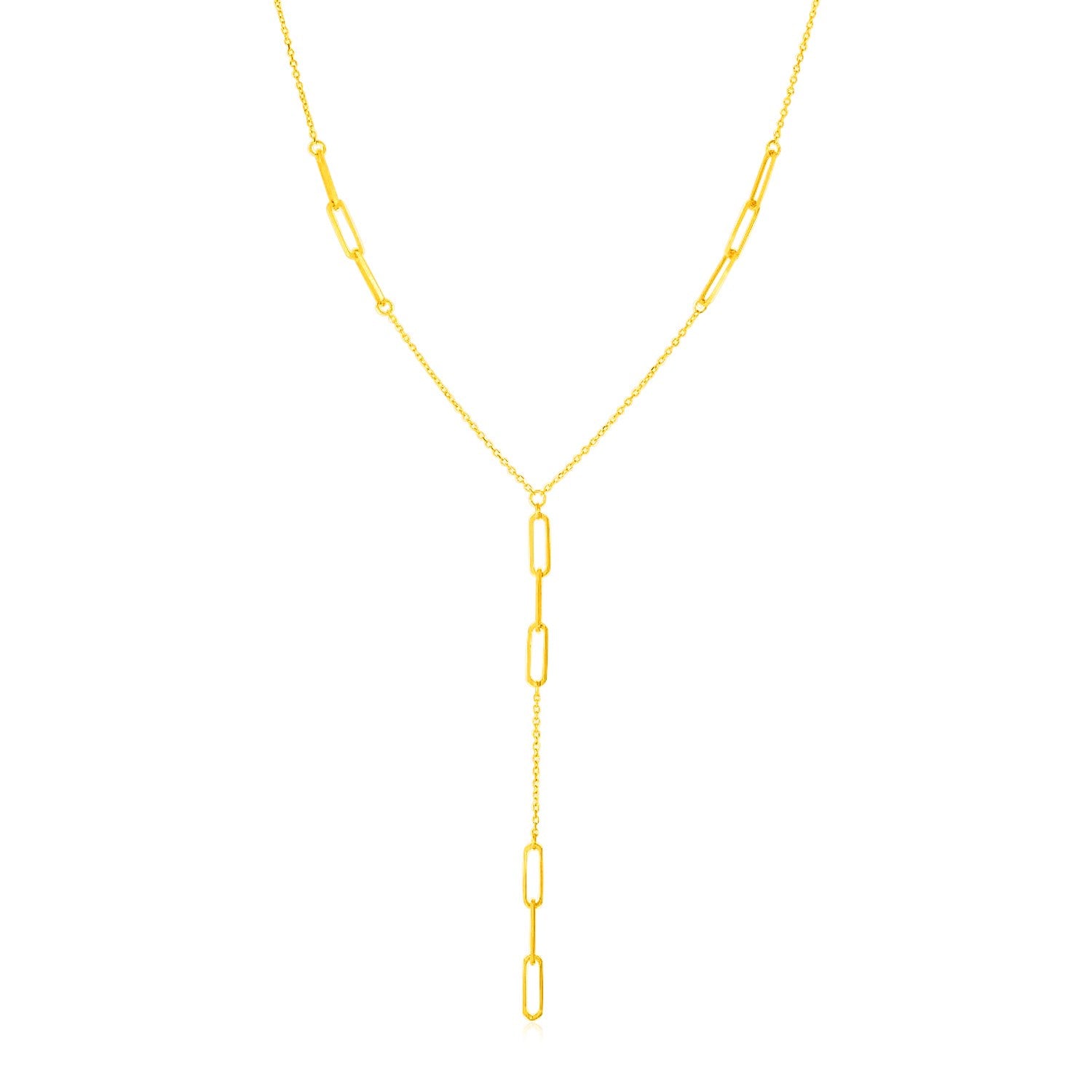 14K yellow gold lariat necklace with paperclip chain stations.
