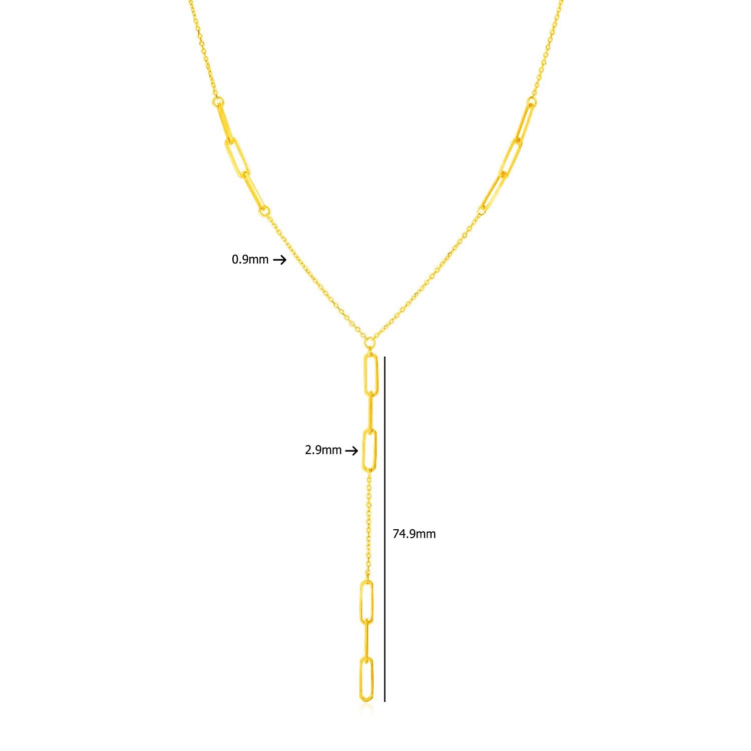 14K yellow gold lariat necklace with paperclip chain stations, 74.9mm long.