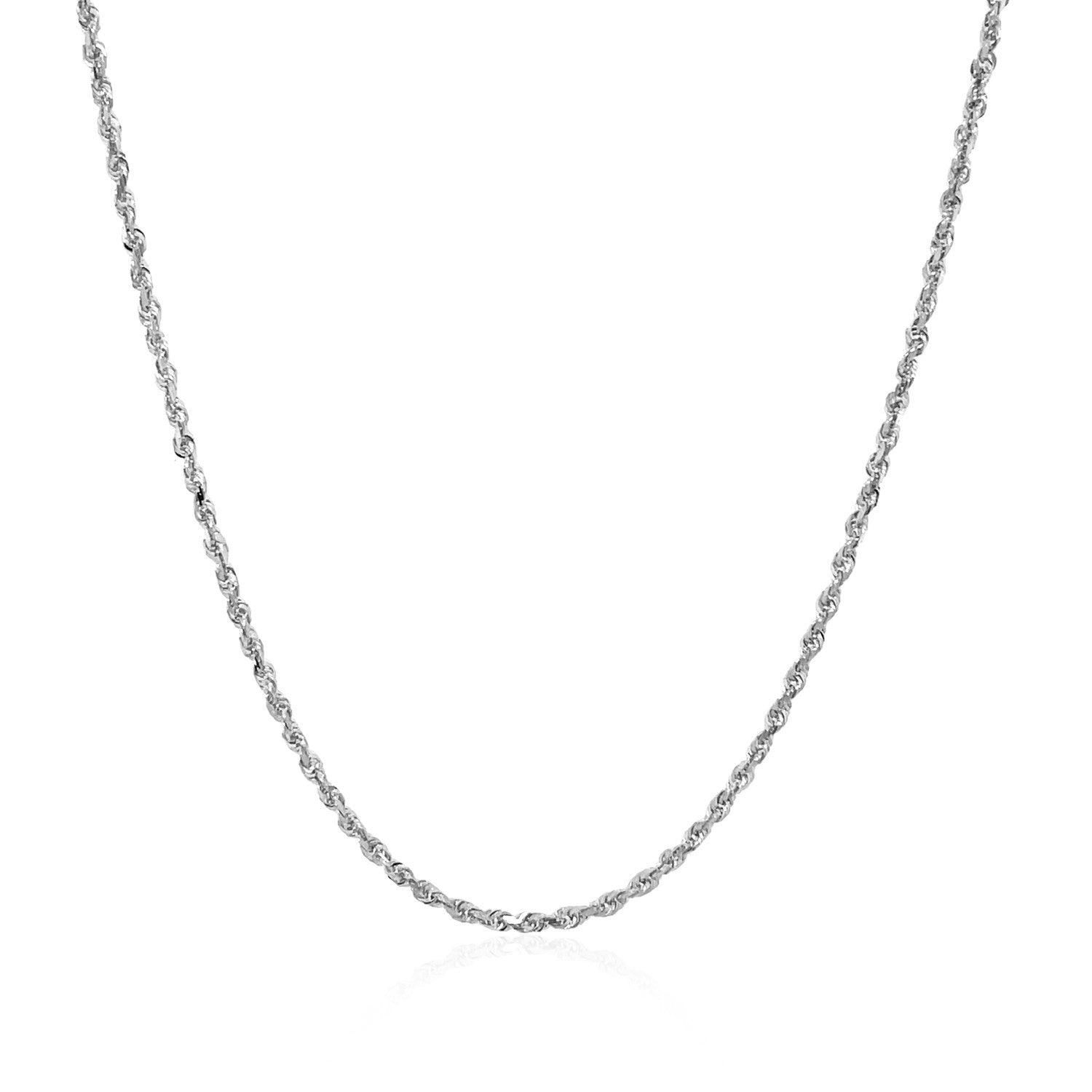 A white gold solid diamond cut rope chain with a lobster clasp.