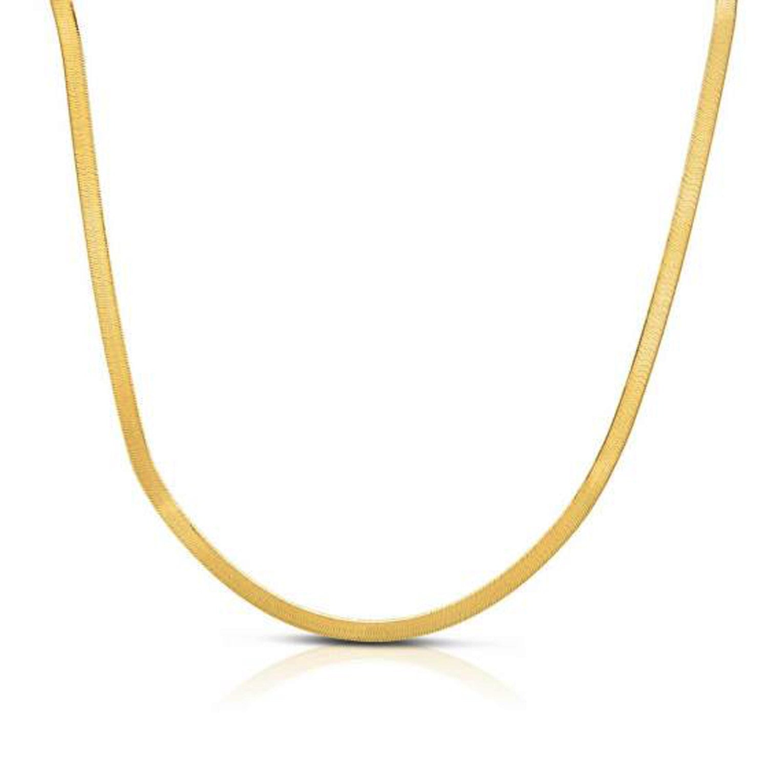 A 14k yellow gold super flex herringbone chain is displayed against a white background.
