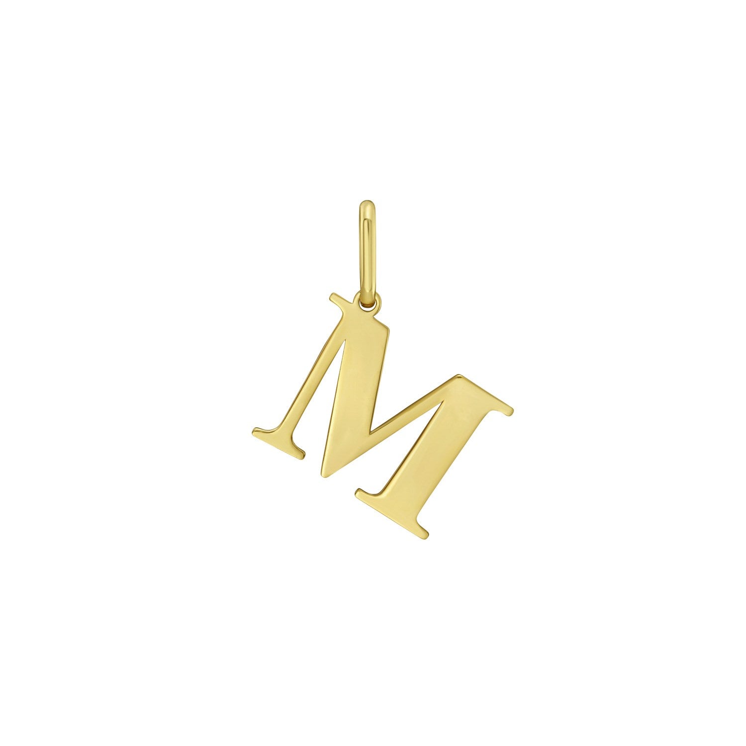 14K yellow gold initial M charm pendant with a polished finish.