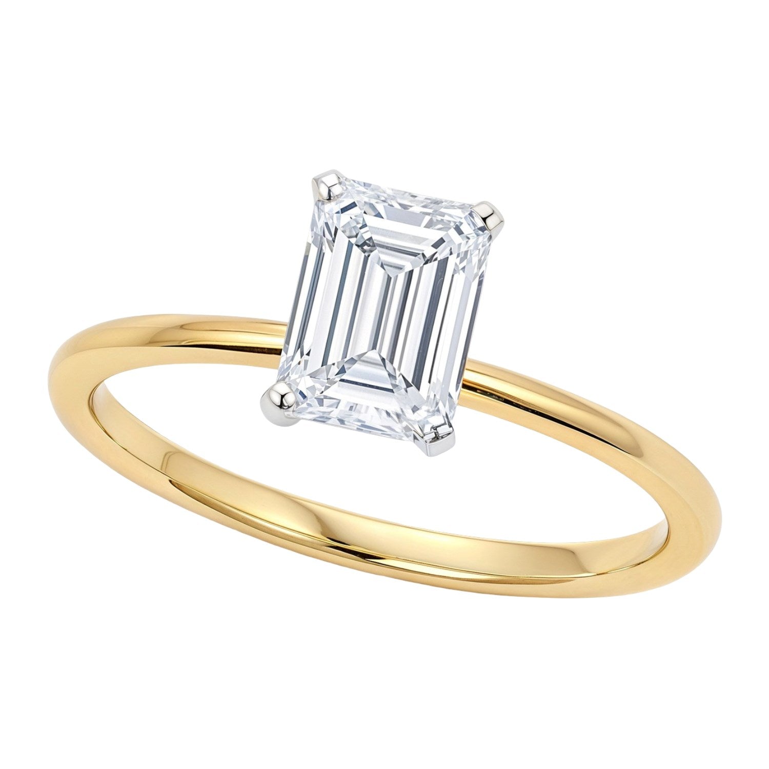 Emerald lab-grown diamond ring with a 14K yellow gold band and white gold prongs.