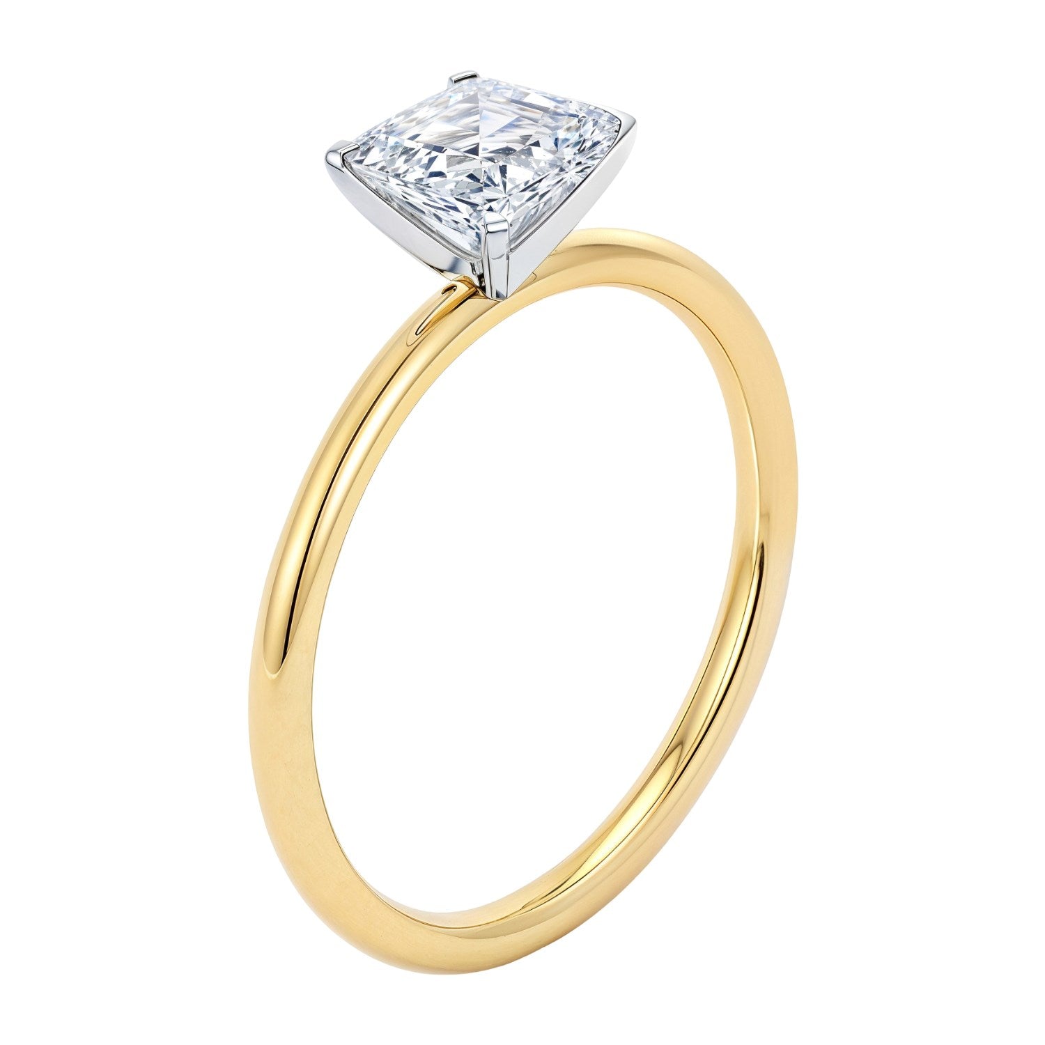 A 14K yellow gold ring with a radiant emerald-cut lab-grown diamond in a white gold setting.