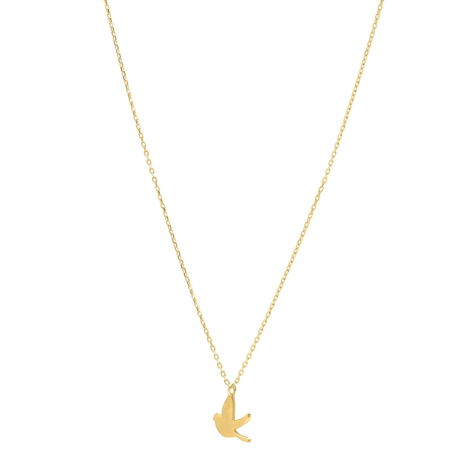 A 14K yellow gold dove necklace with a polished finish.
