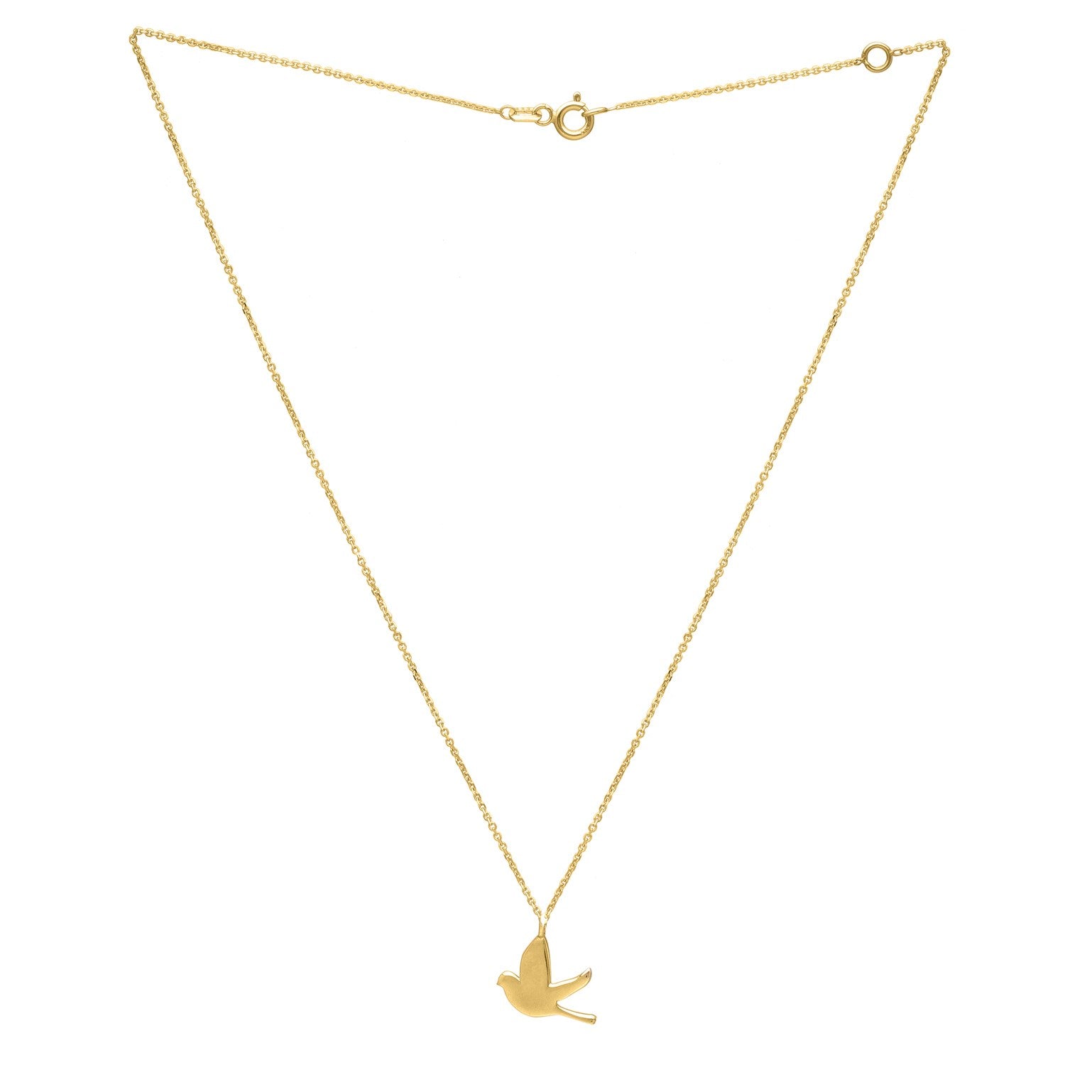 14K yellow gold dove necklace with a spring ring clasp.
