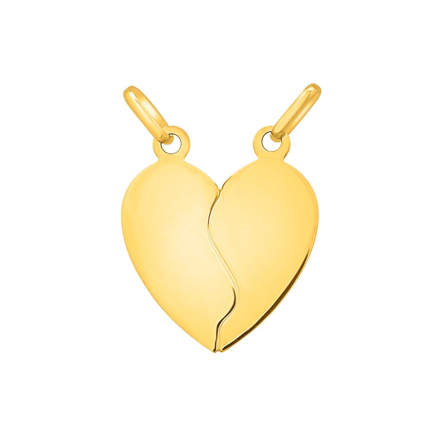 Two halves of a broken heart pendant in 14K yellow gold, each with a bail.