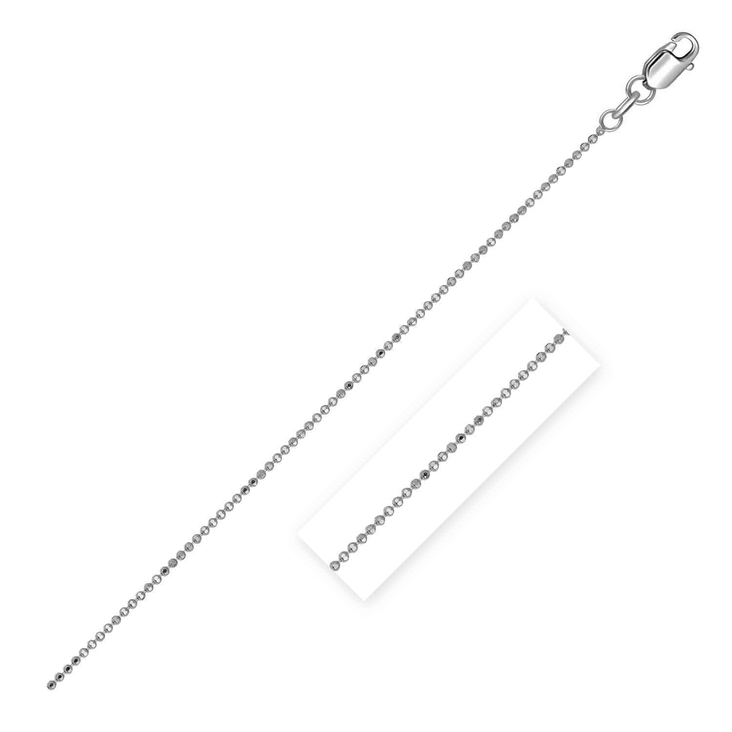 14k white gold diamond cut bead chain with a lobster clasp.