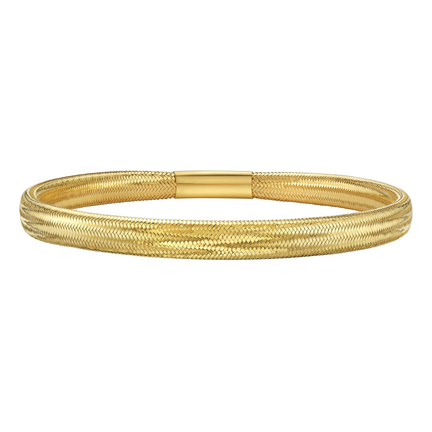 14K yellow gold medium stretch mesh bracelet with a woven texture.