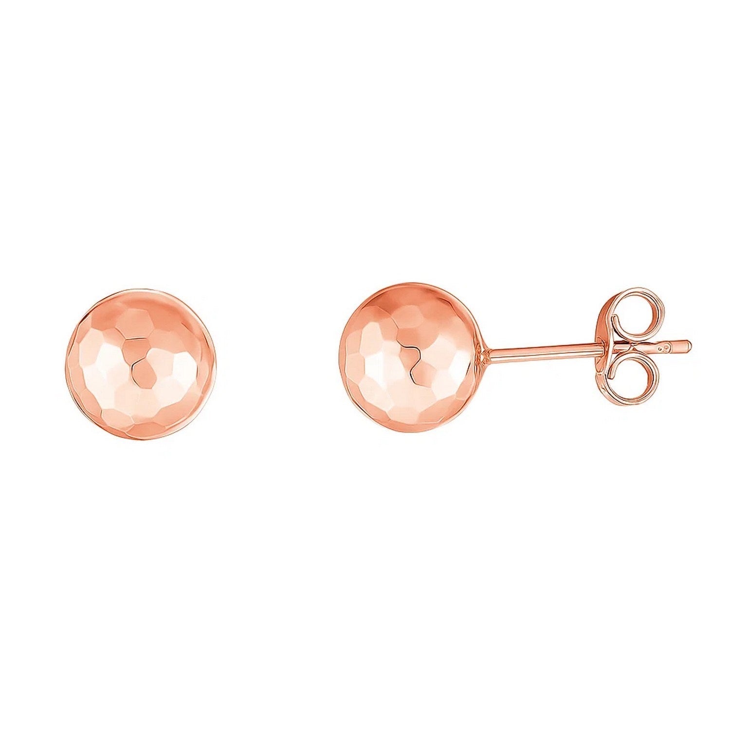 Two 14k rose gold faceted ball stud earrings with pushback clasps.