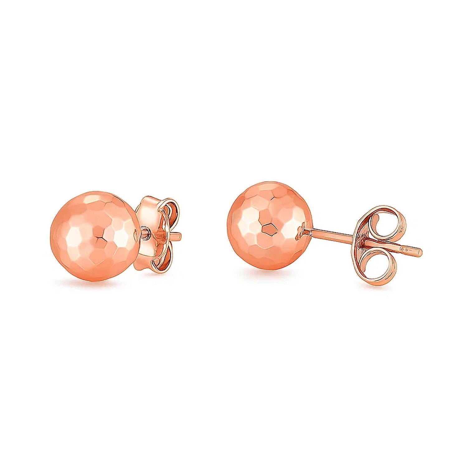 Two 14k rose gold faceted ball stud earrings with pushback clasps.