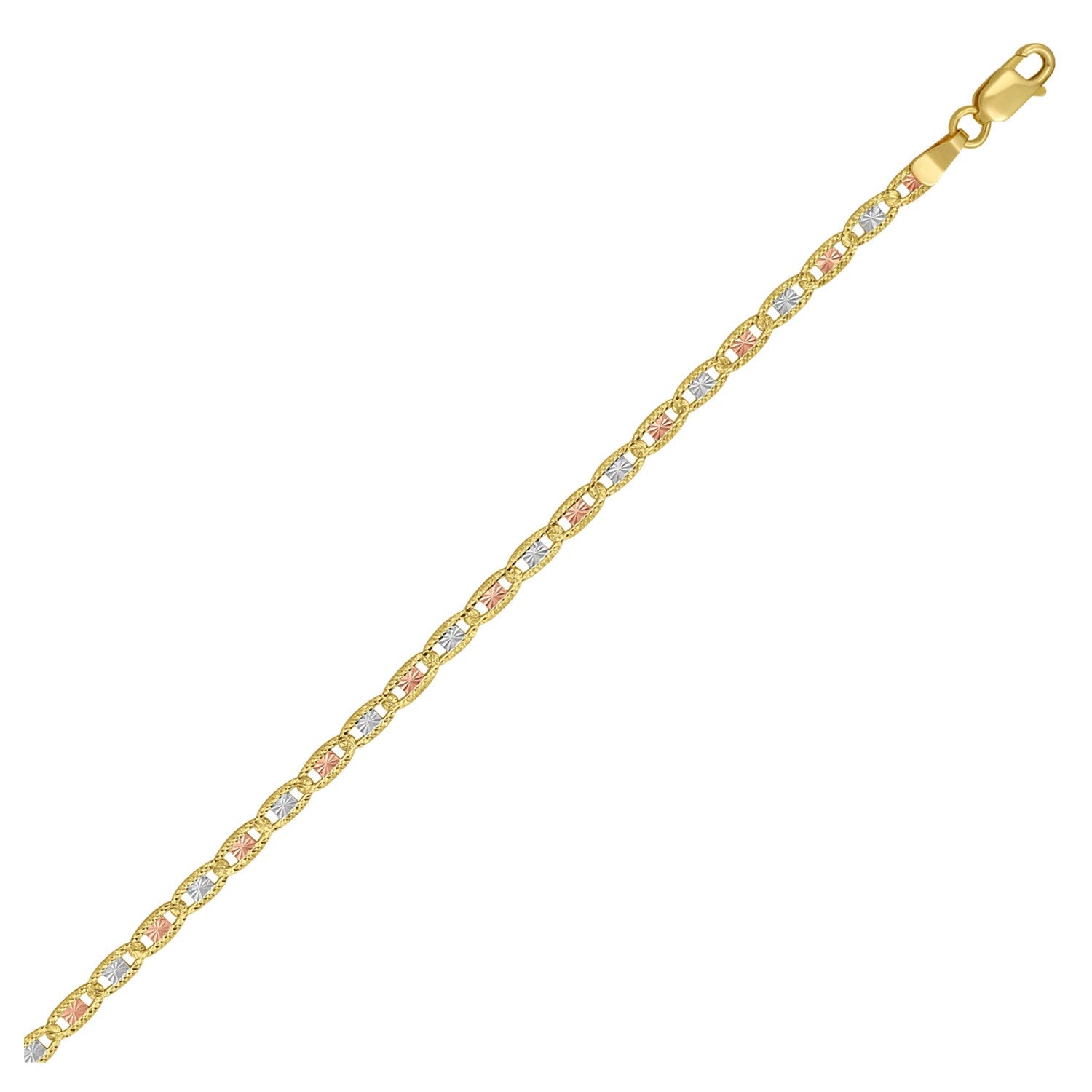 14K tri-color gold pave Valentino chain with a lobster clasp.