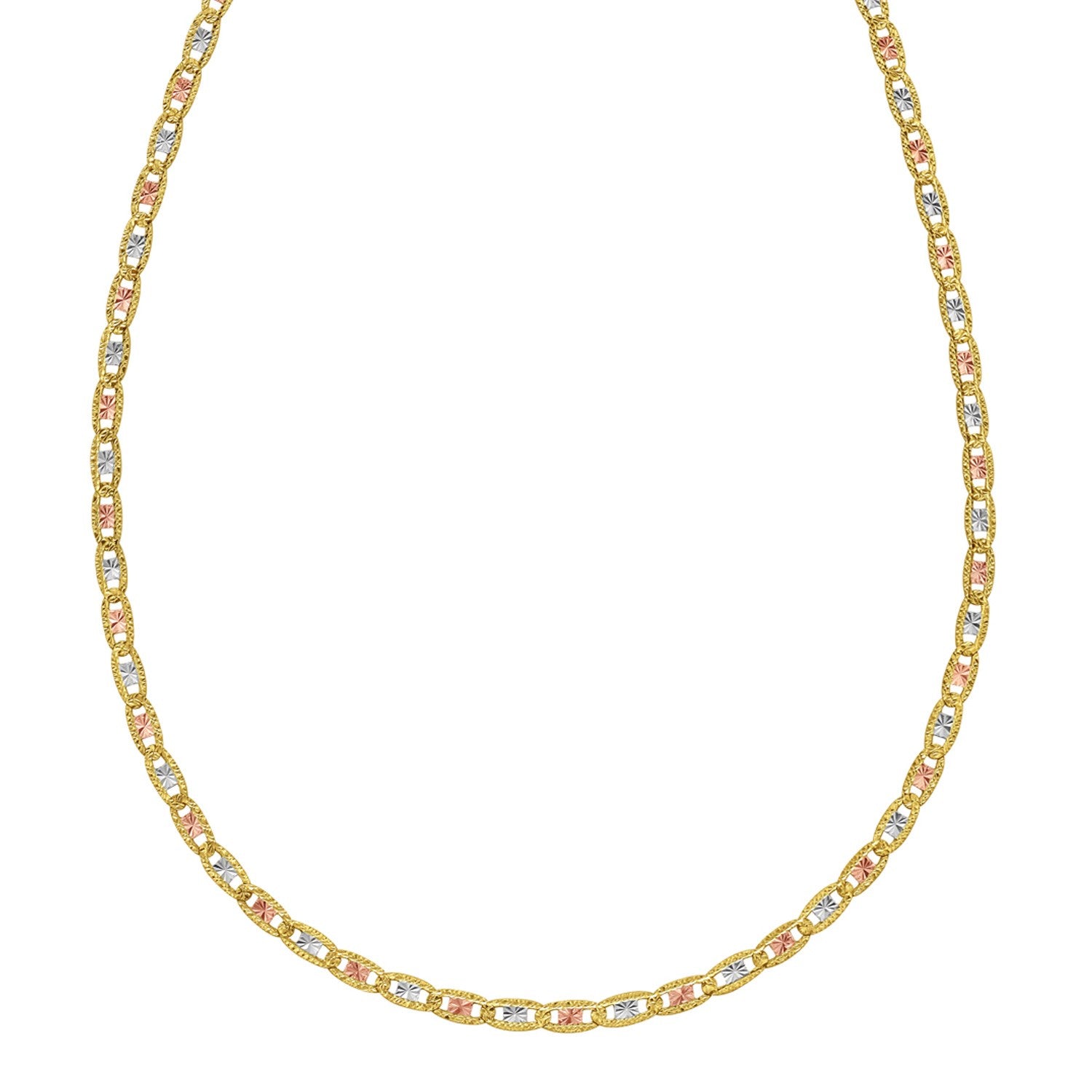 A 14K tri-color gold pave Valentino chain with alternating gold, rose, and white links.