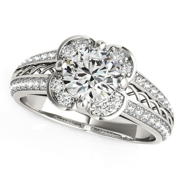 Round diamond floral engagement ring in 14k white gold with a split shank.
