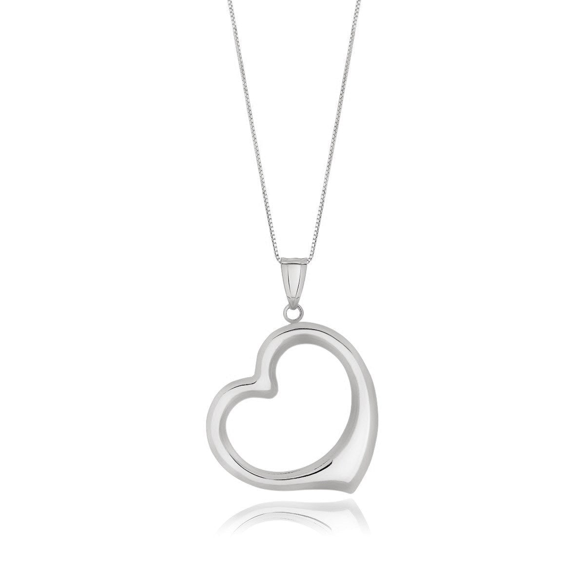 14k white gold floating heart drop pendant on a box chain.