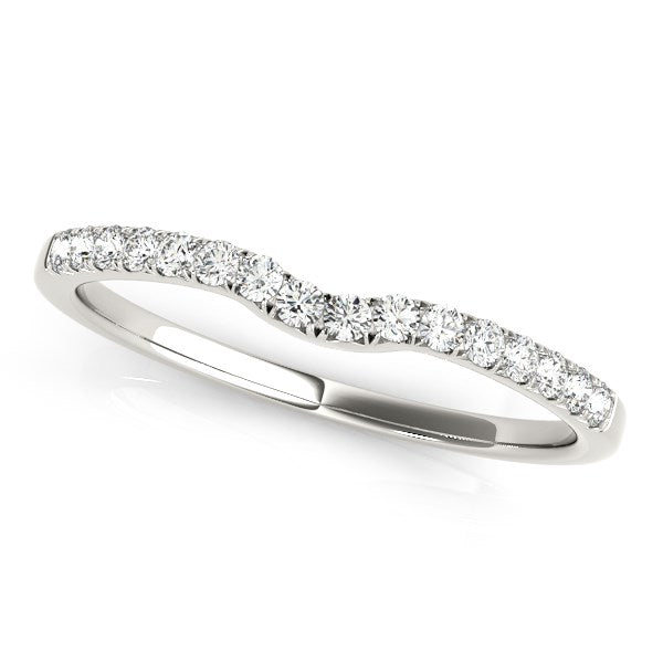 14k white gold curved pave setting diamond wedding ring with 15 round diamonds.