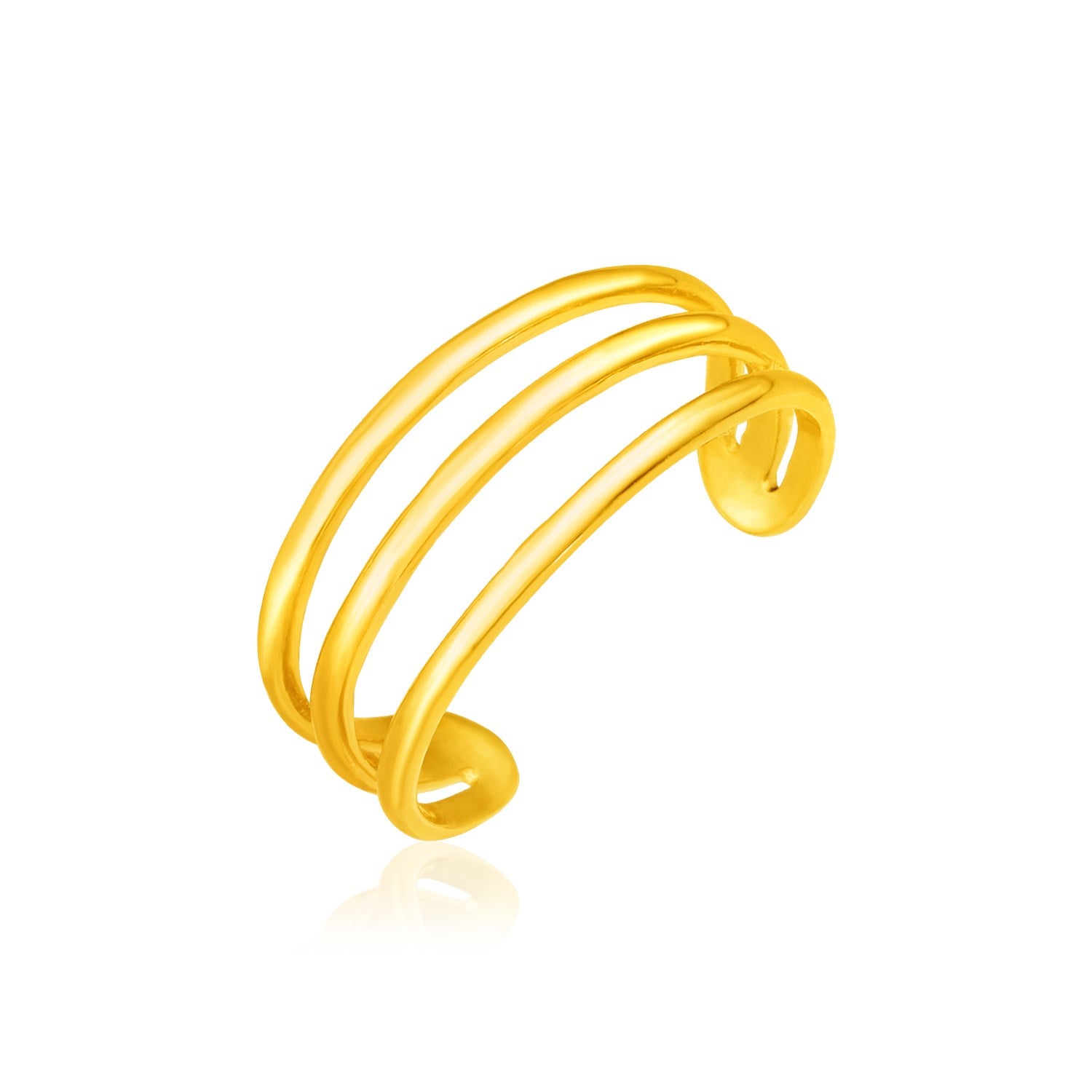 14k yellow gold three-bar toe ring with a reflective surface.