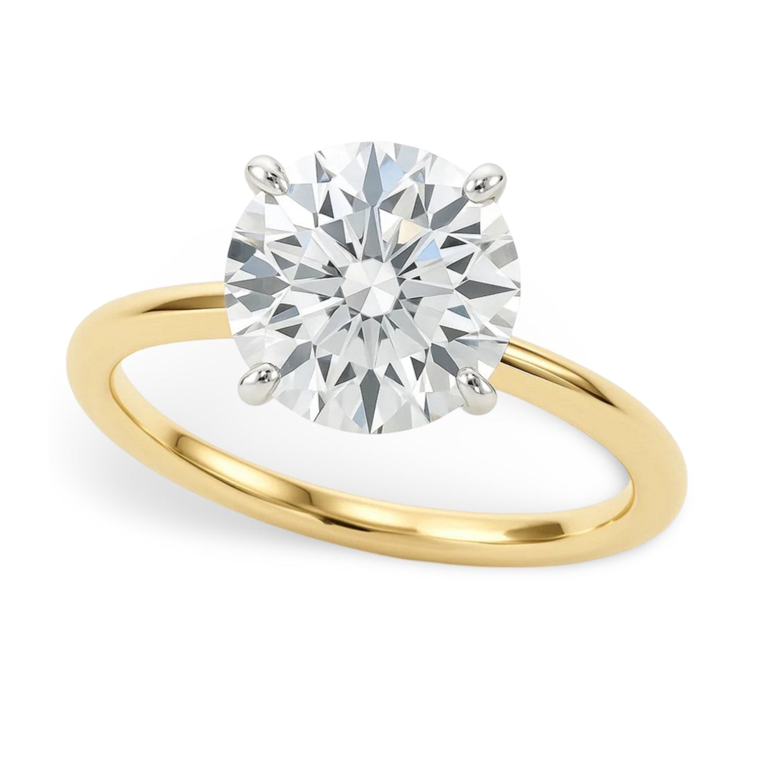 A round lab-grown diamond solitaire ring in 14K yellow gold with a four-prong setting.