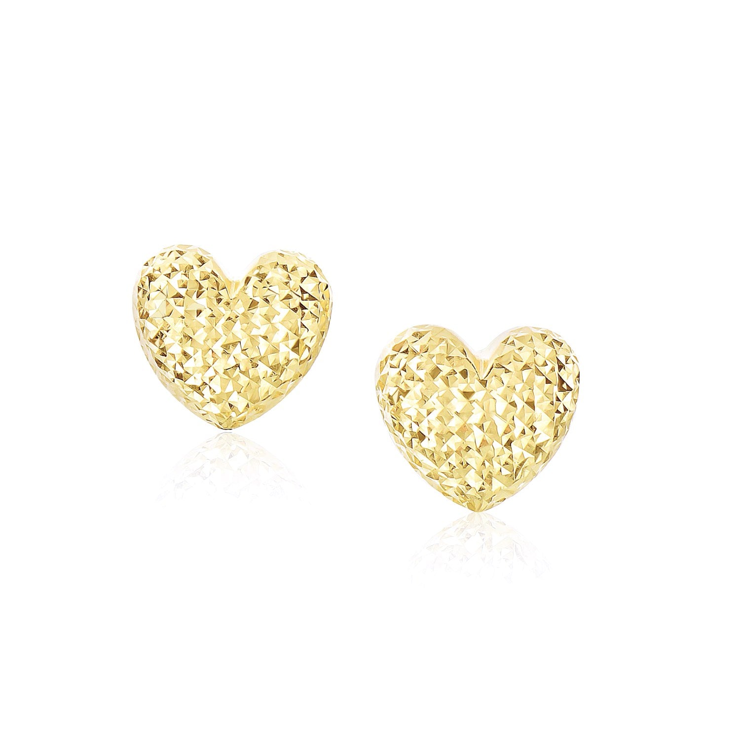 Pair of 14k yellow gold puffed heart earrings with diamond cuts.