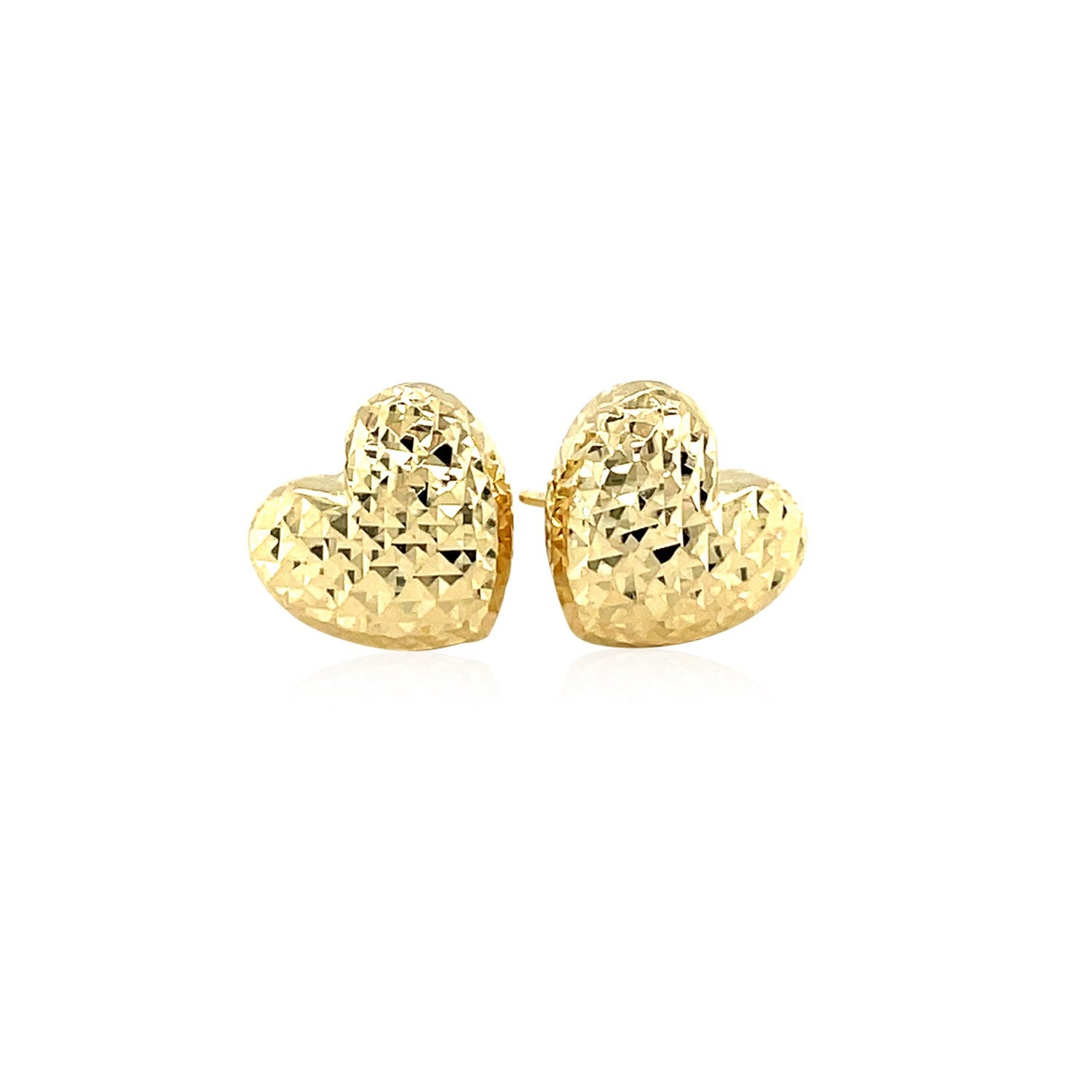 14k yellow gold puffed heart earrings with diamond cuts and push backs.