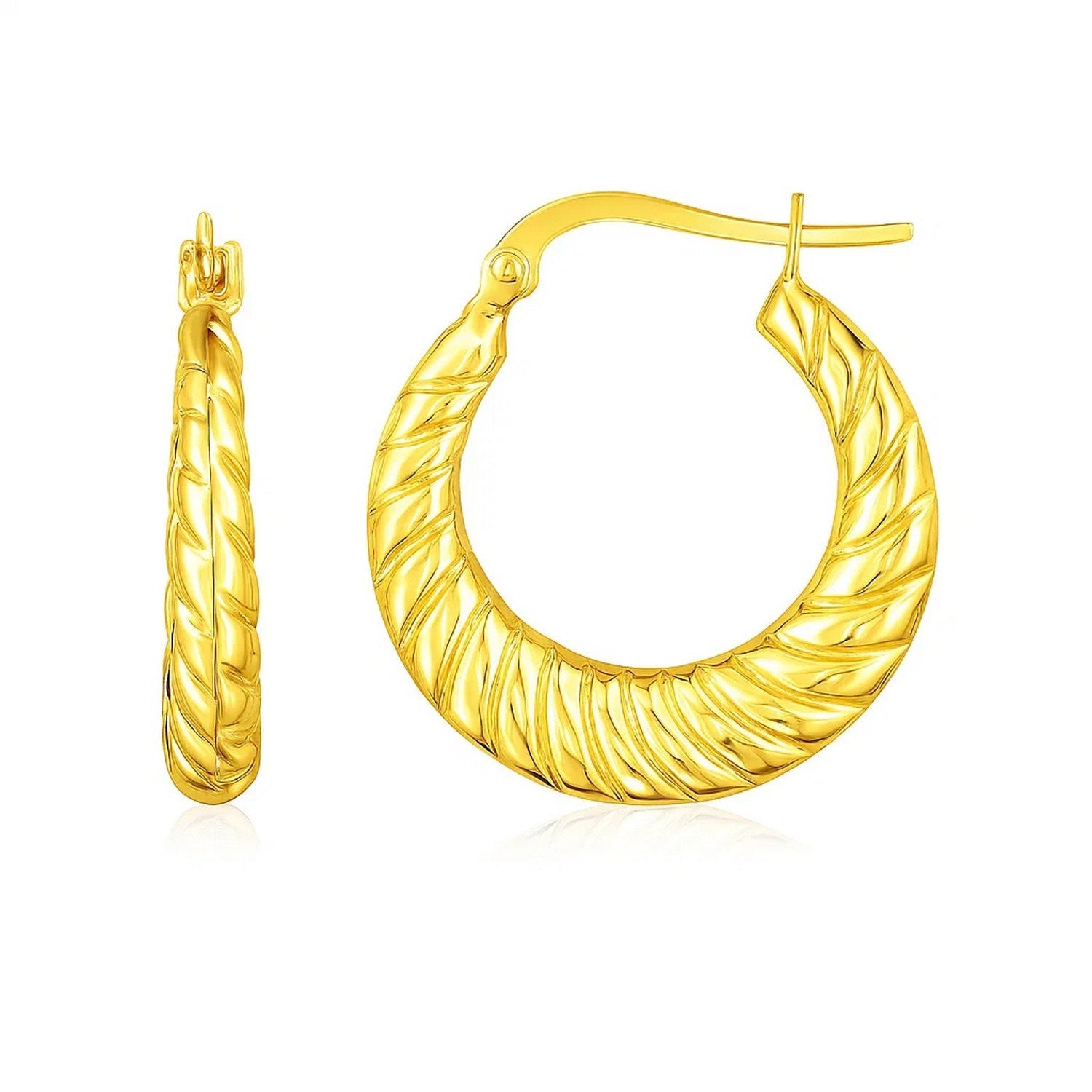 14K yellow gold polished twisted cable graduated hoop earrings with hinged snap backs.