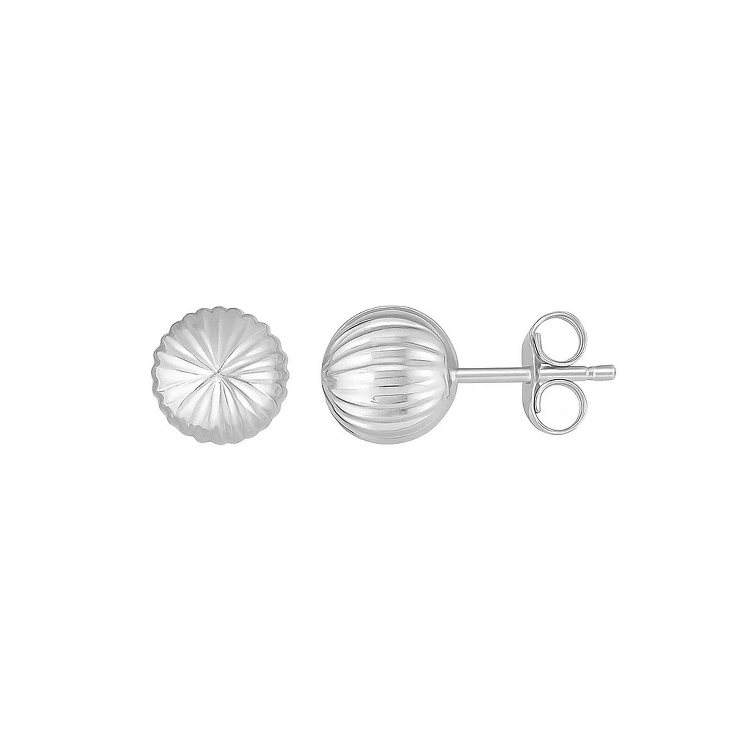 Two 14K white gold ball earrings with linear texture and pushback clasps.