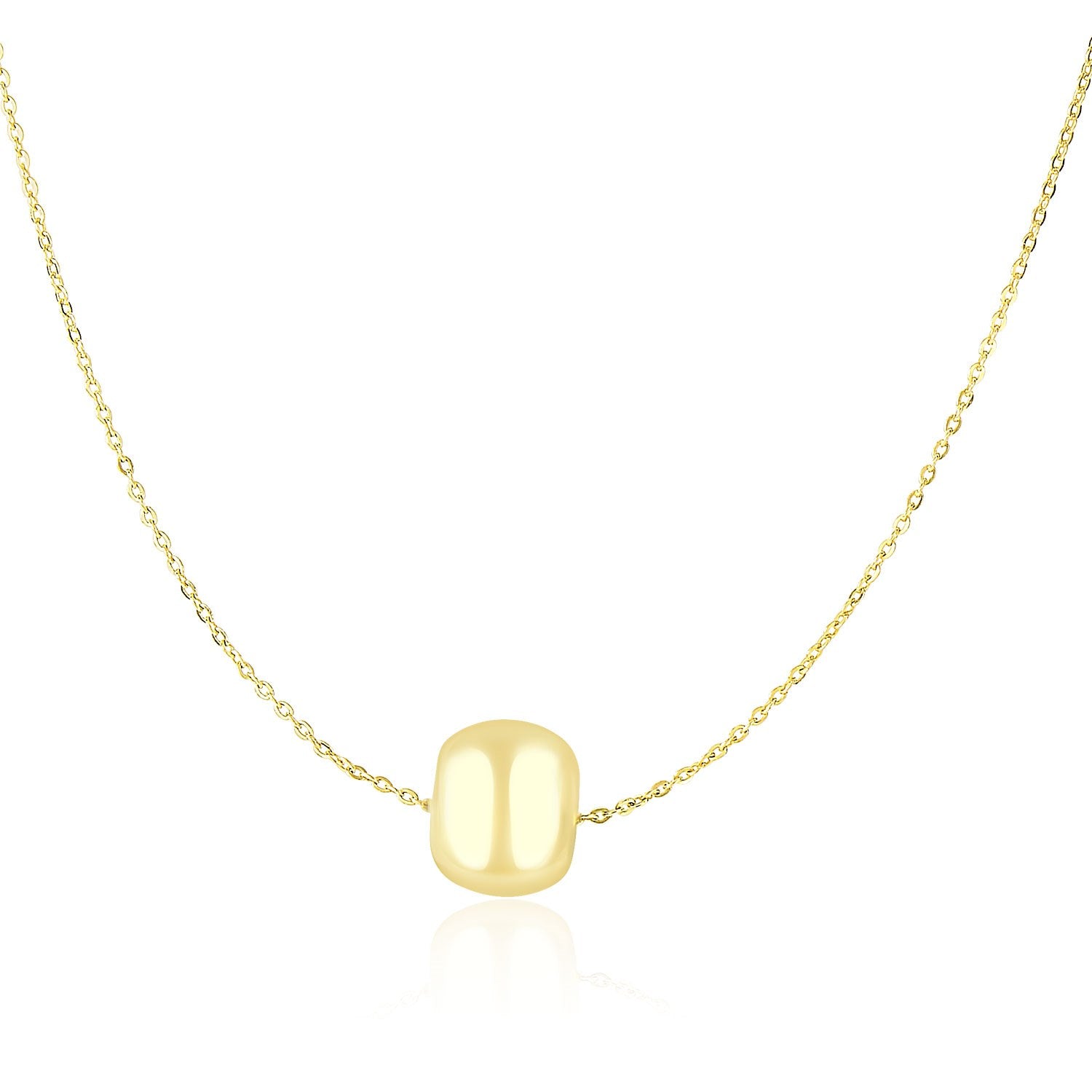 14k yellow gold necklace with a shiny barrel bead charm.