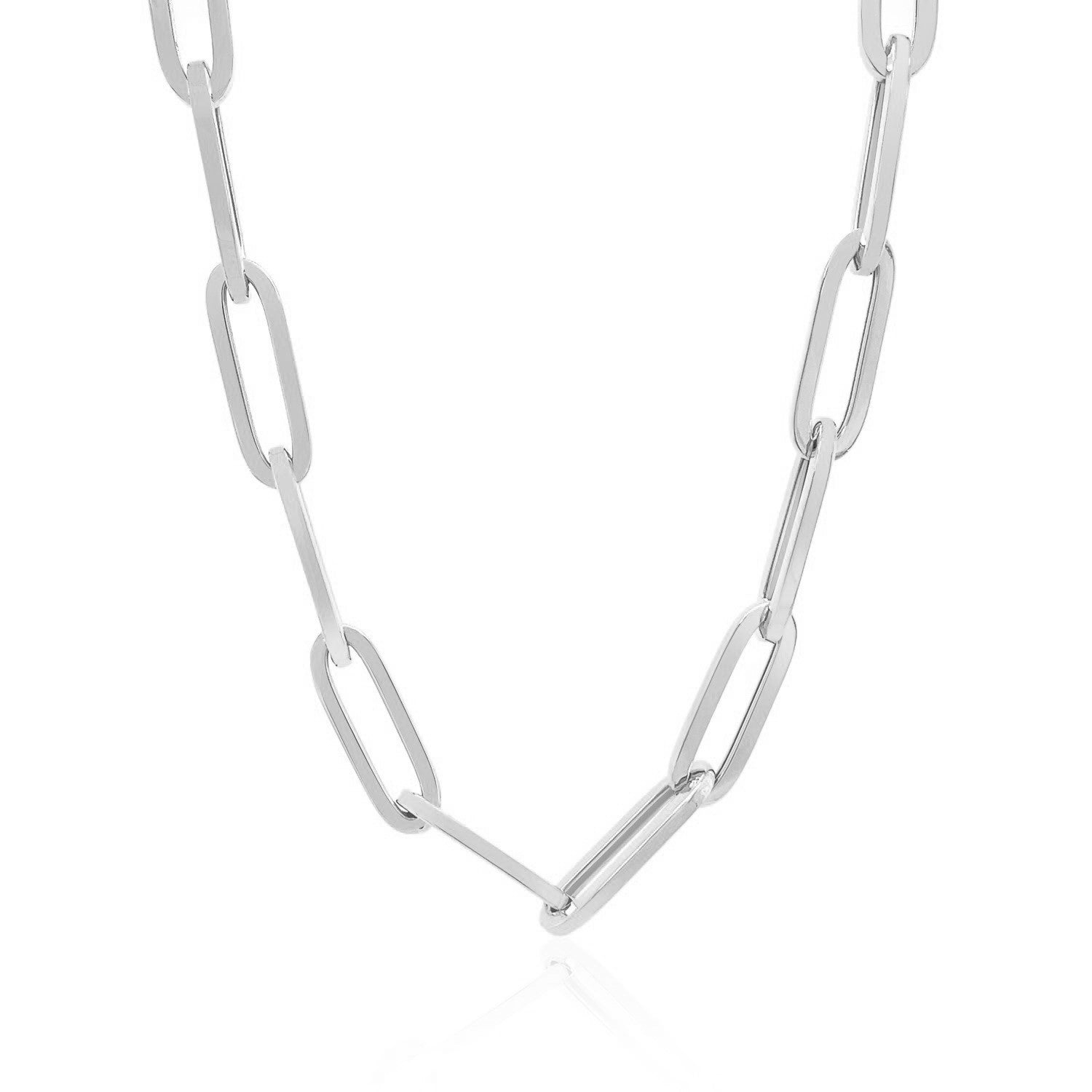 14K white gold wide paperclip chain with 6.10 mm links.