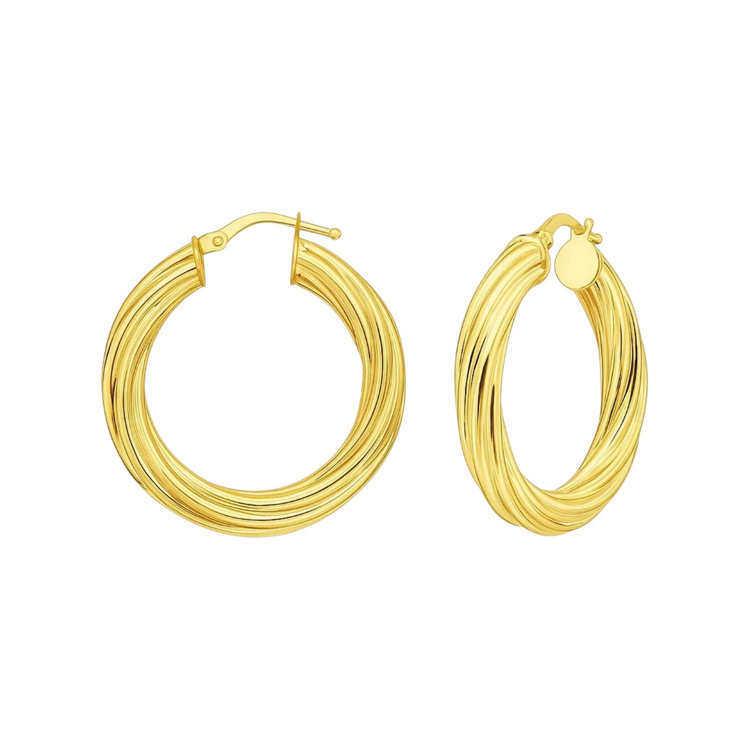 A pair of 14K yellow gold full twist medium hoop earrings with hinged snap backs.
